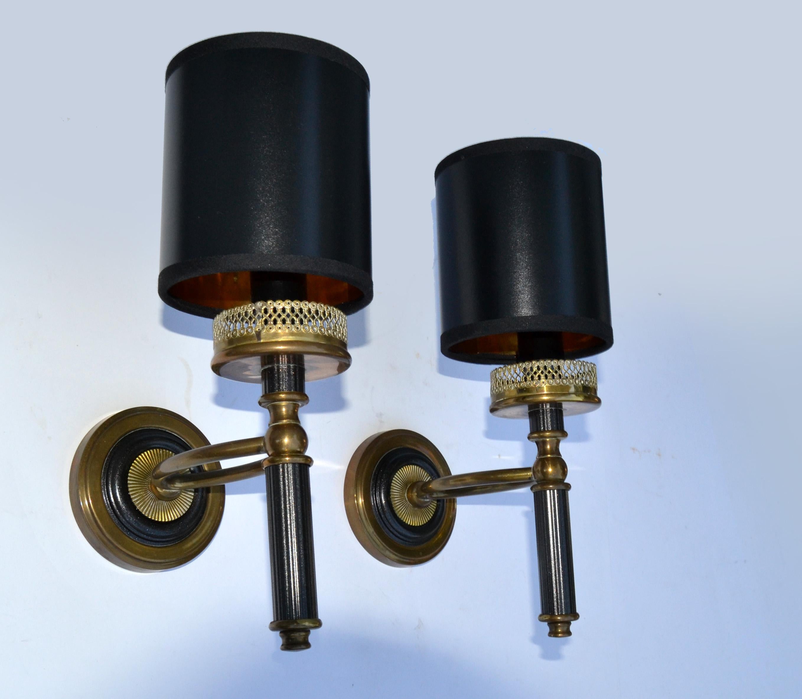 Paper Maison Lunel French Art Deco Two Patina Brass and Gun Metal Wall Sconces, Pair For Sale