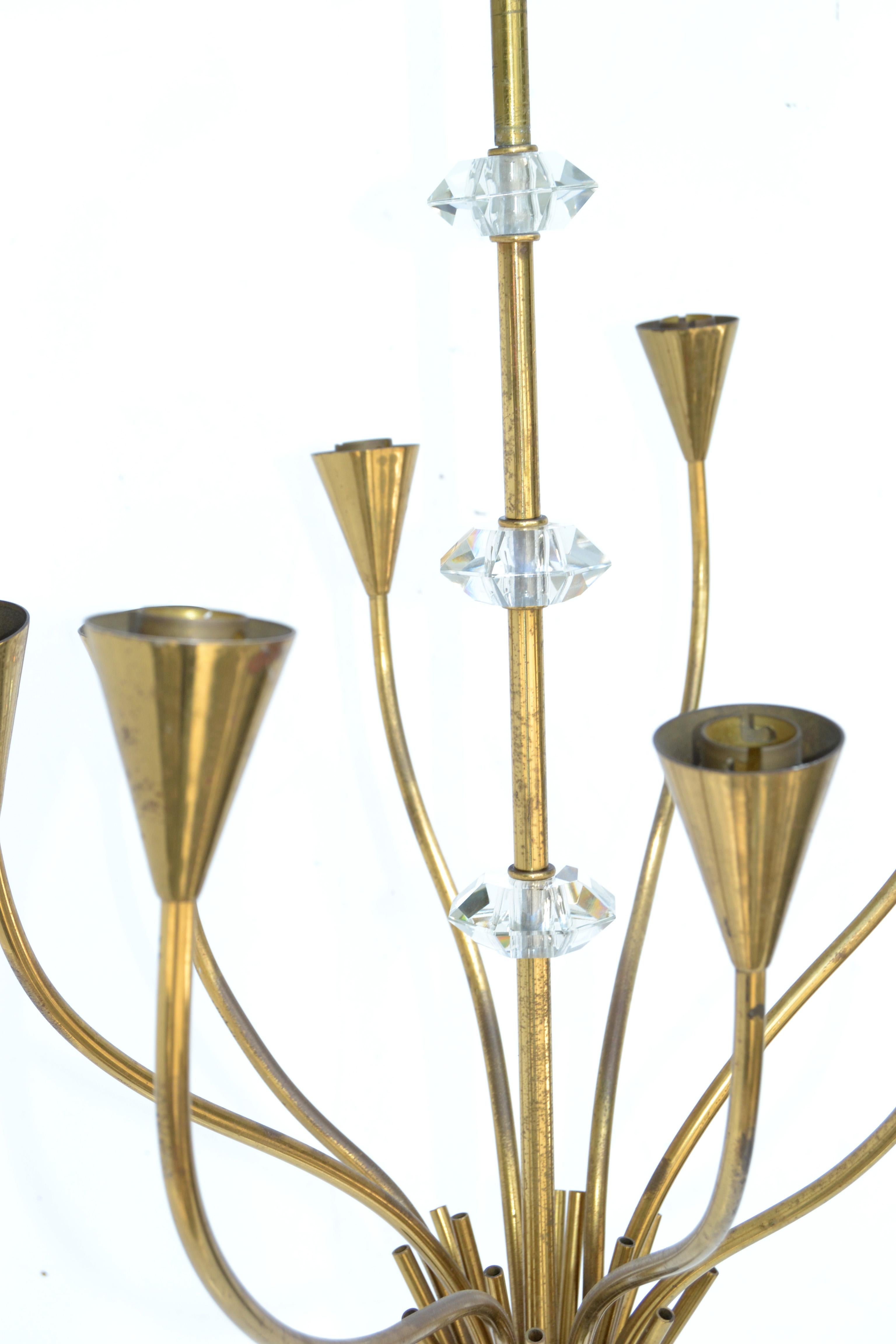 Maison Lunel French Mid-Century Modern Brass 8 Arm Chandelier White Drum Shades For Sale 5