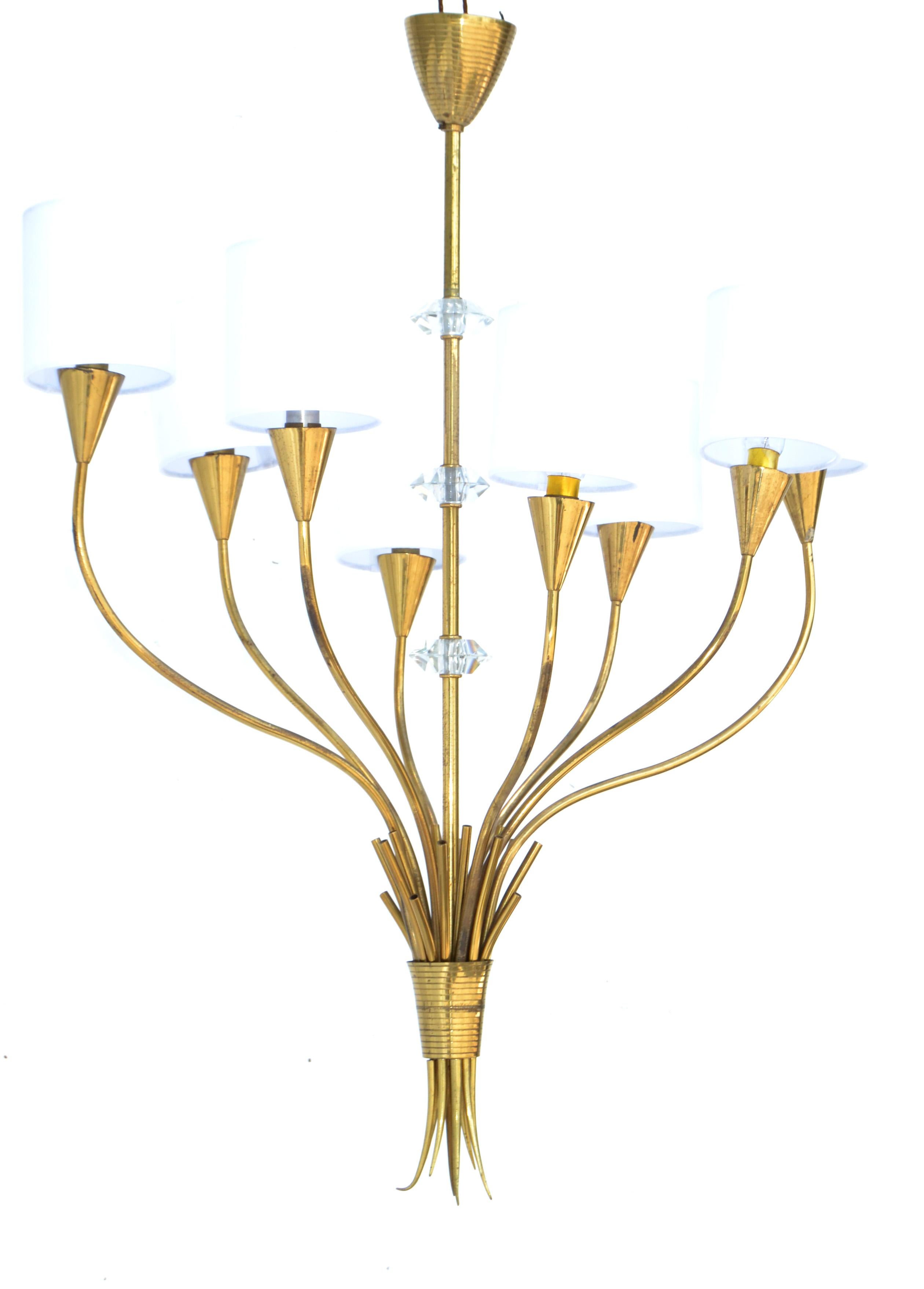 Maison Lunel French Mid-Century Modern eight lights brass & faceted glass decoration chandelier. 
French wired and in working condition takes 8 light bulbs max. 40 watts European Socket. 
Come with white Fabric Drum Shades.
Drum Shades