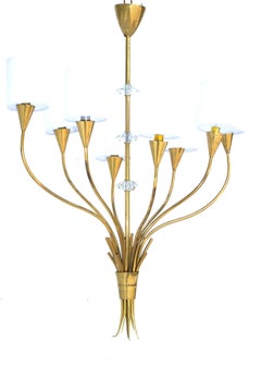 Maison Lunel French Mid-Century Modern Brass 8 Arm Chandelier White Drum Shades