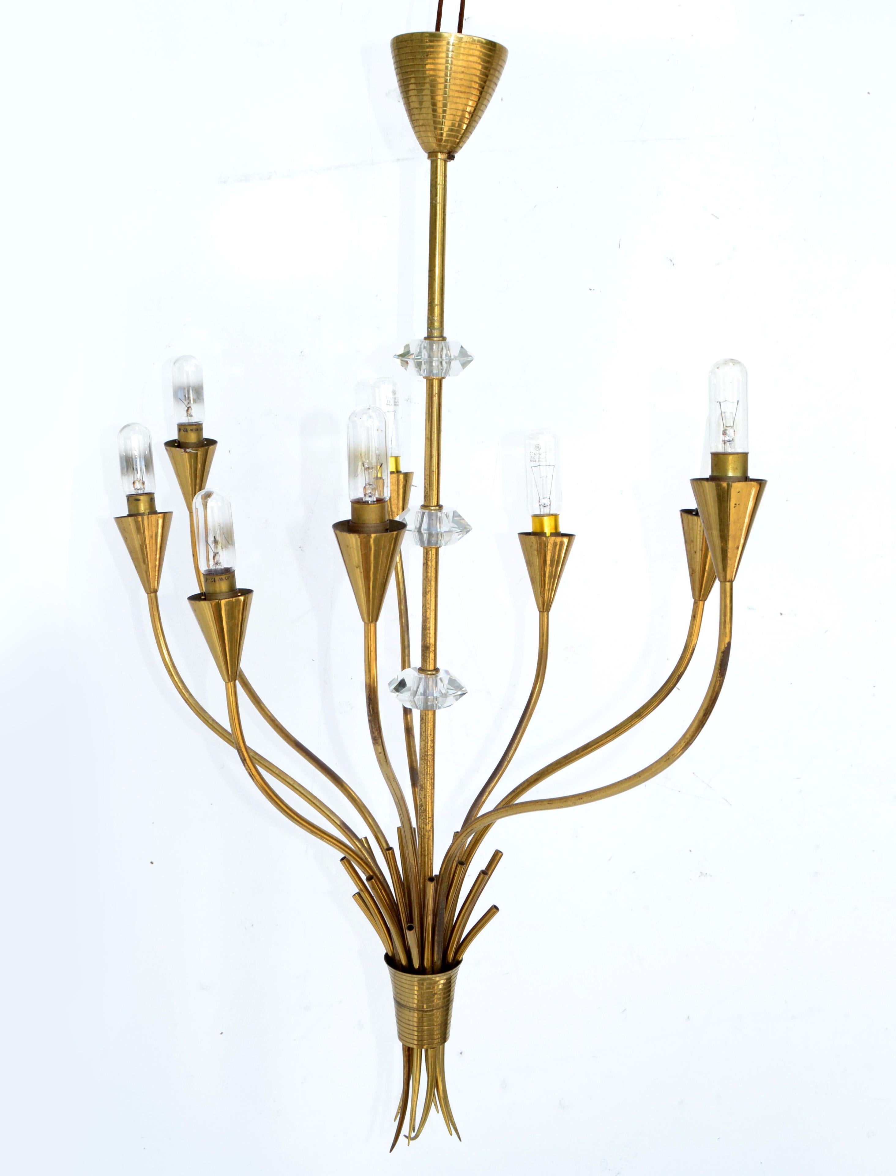 Faceted Maison Lunel French Mid-Century Modern Brass 8 Arm Chandelier White Drum Shades For Sale