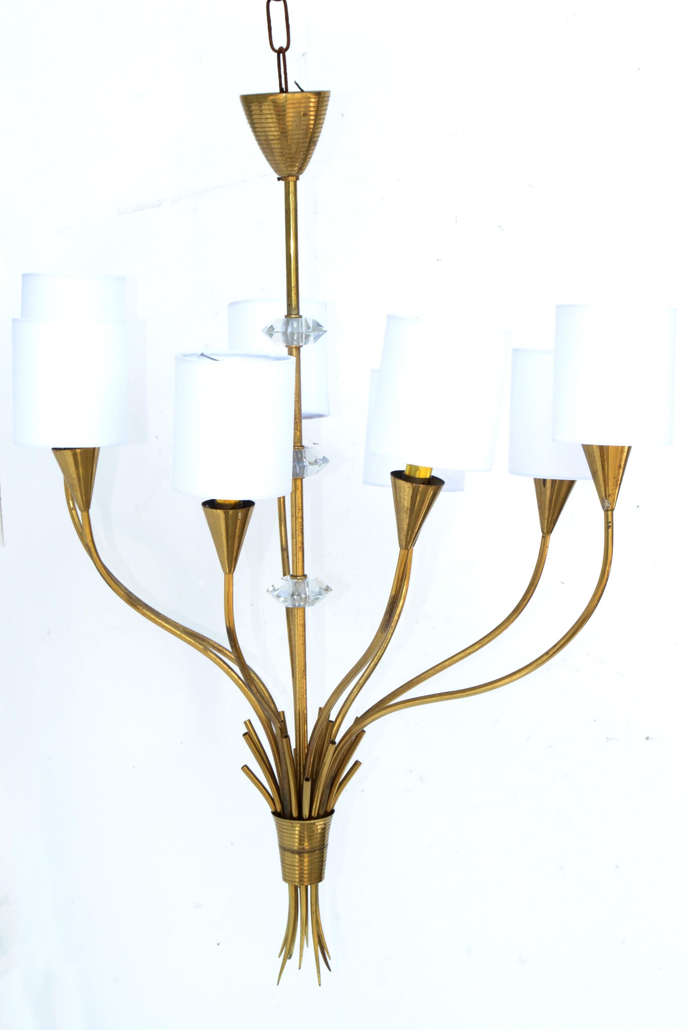 Maison Lunel French Mid-Century Modern Brass 8 Arm Chandelier White Drum Shades In Good Condition For Sale In Miami, FL