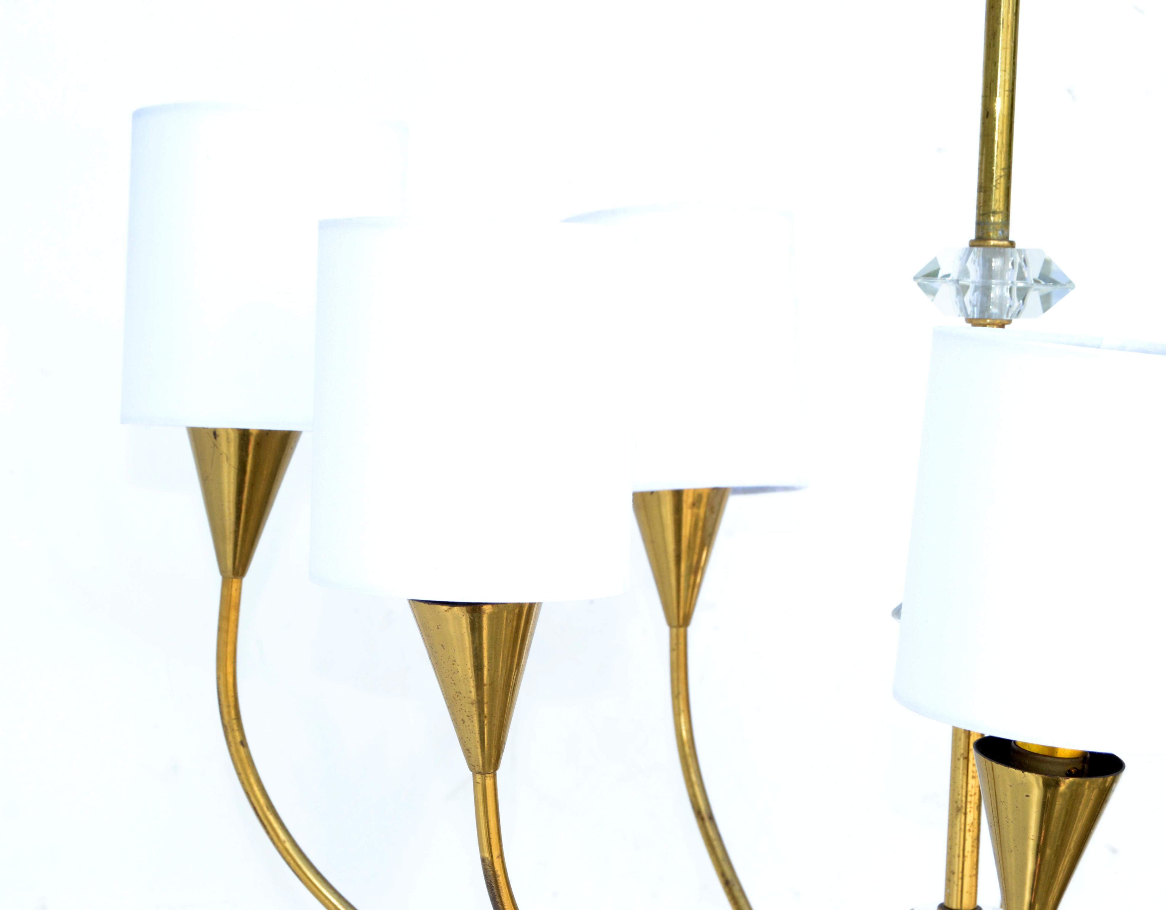 Maison Lunel French Mid-Century Modern Brass 8 Arm Chandelier White Drum Shades For Sale 2