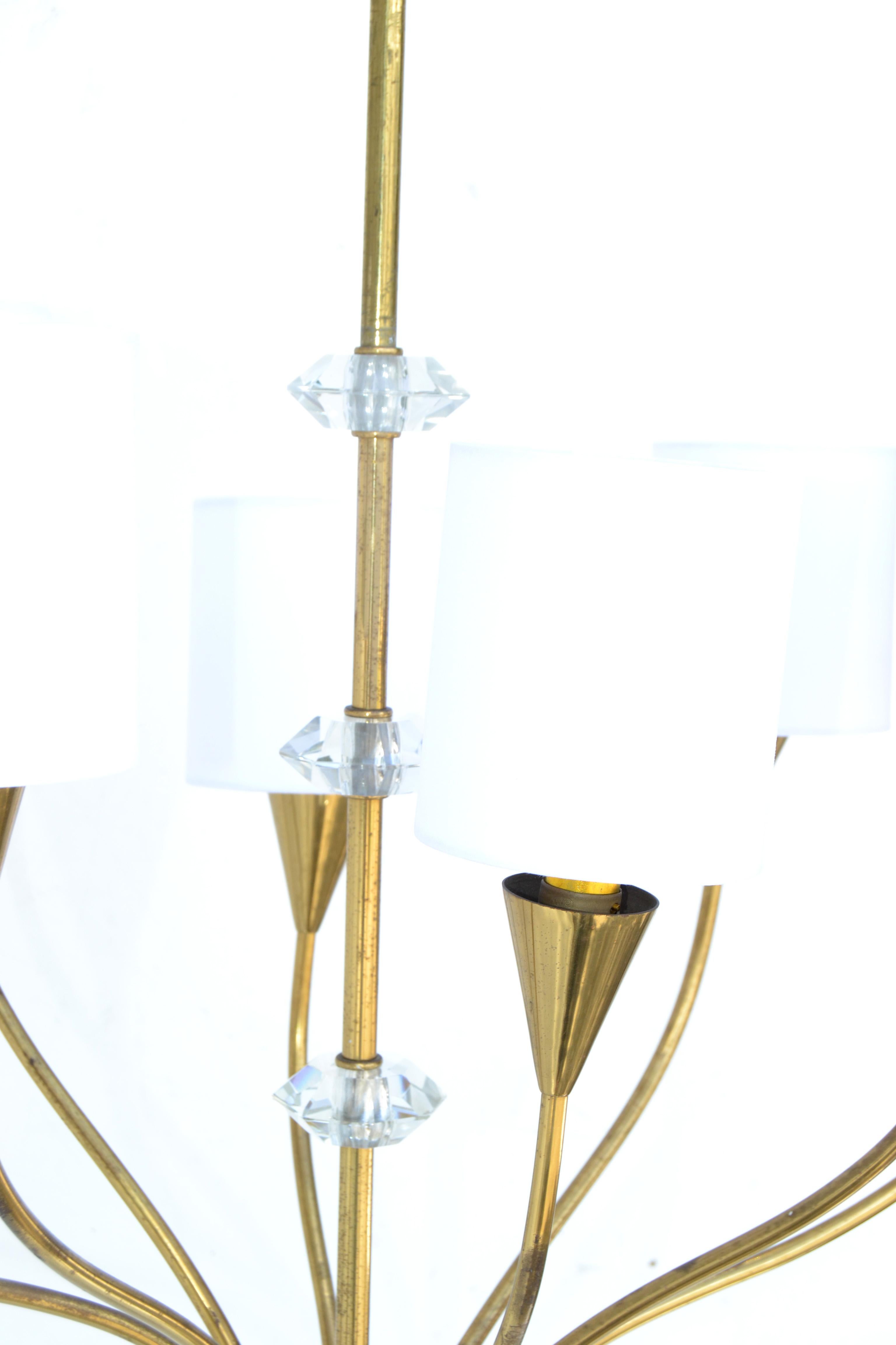 Maison Lunel French Mid-Century Modern Brass 8 Arm Chandelier White Drum Shades For Sale 4