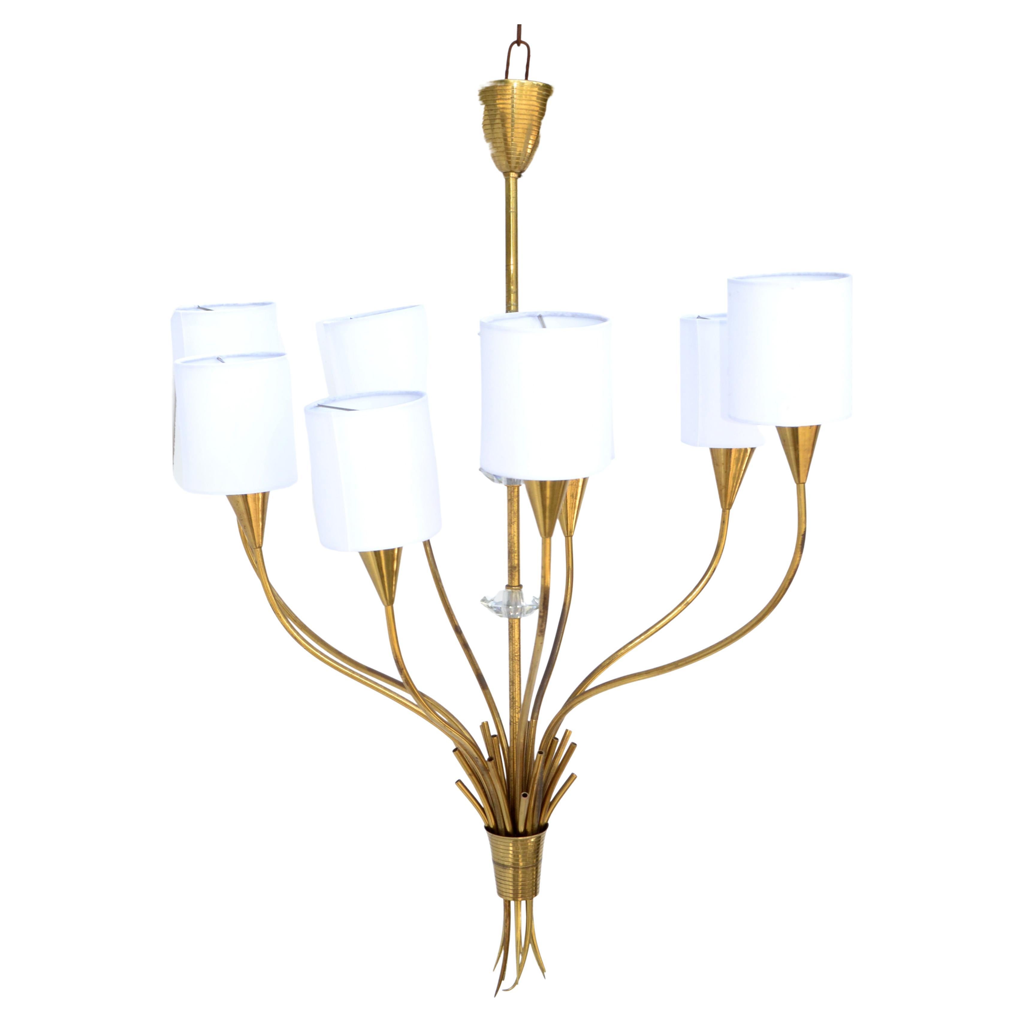 Maison Lunel French Mid-Century Modern Brass 8 Arm Chandelier White Drum Shades For Sale