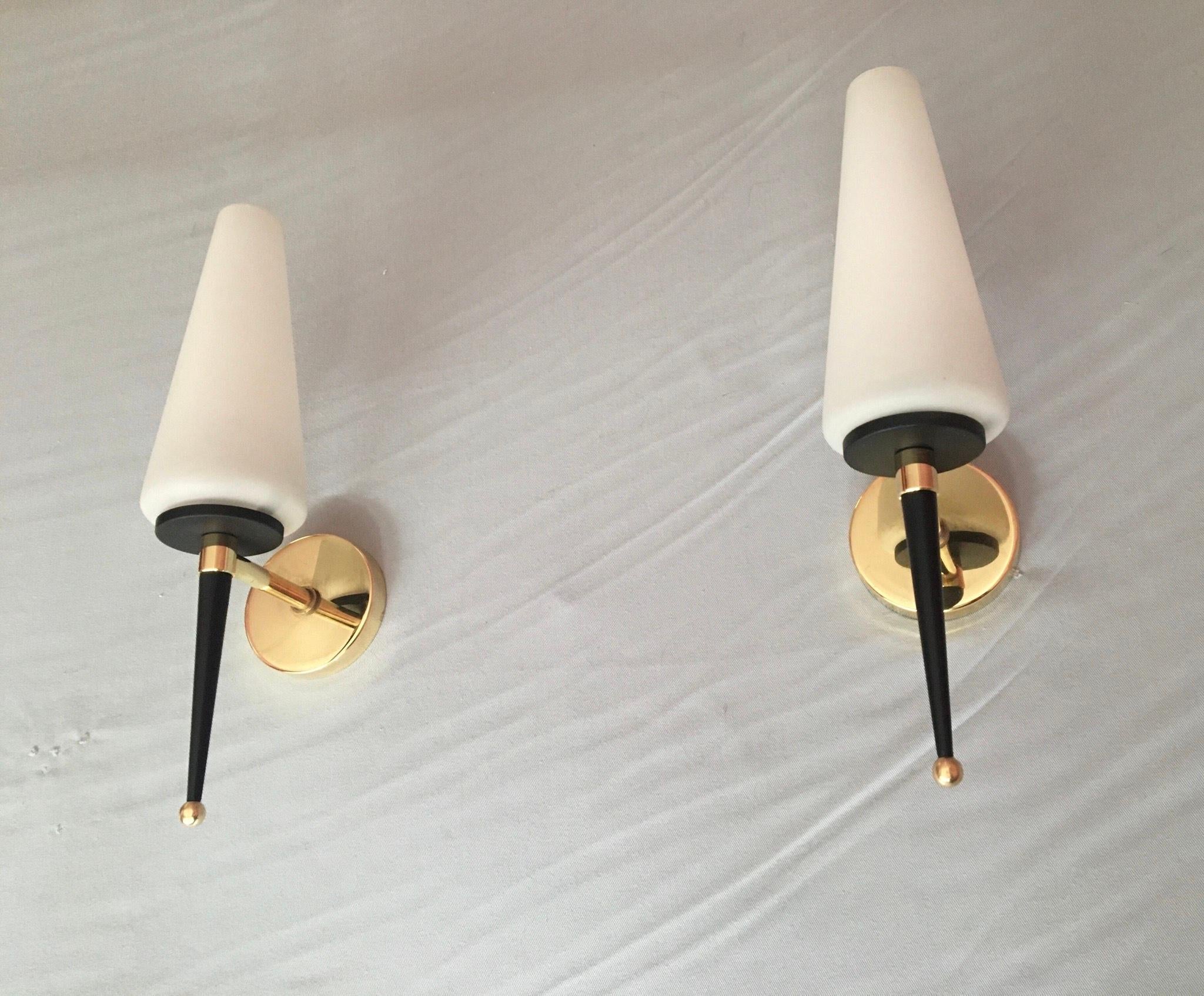 Maison Lunel Mid-Century Modern Brass Opaline Sconces, France 1950 4