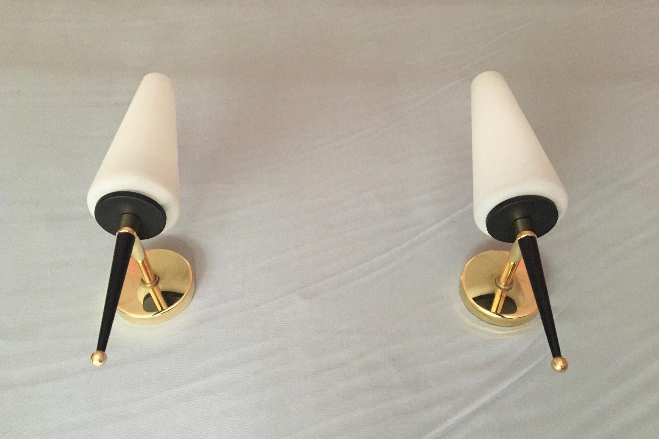 French Maison Lunel Mid-Century Modern Brass Opaline Sconces, France 1950