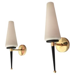 Maison Lunel Mid-Century Modern Brass Opaline Sconces, France 1950