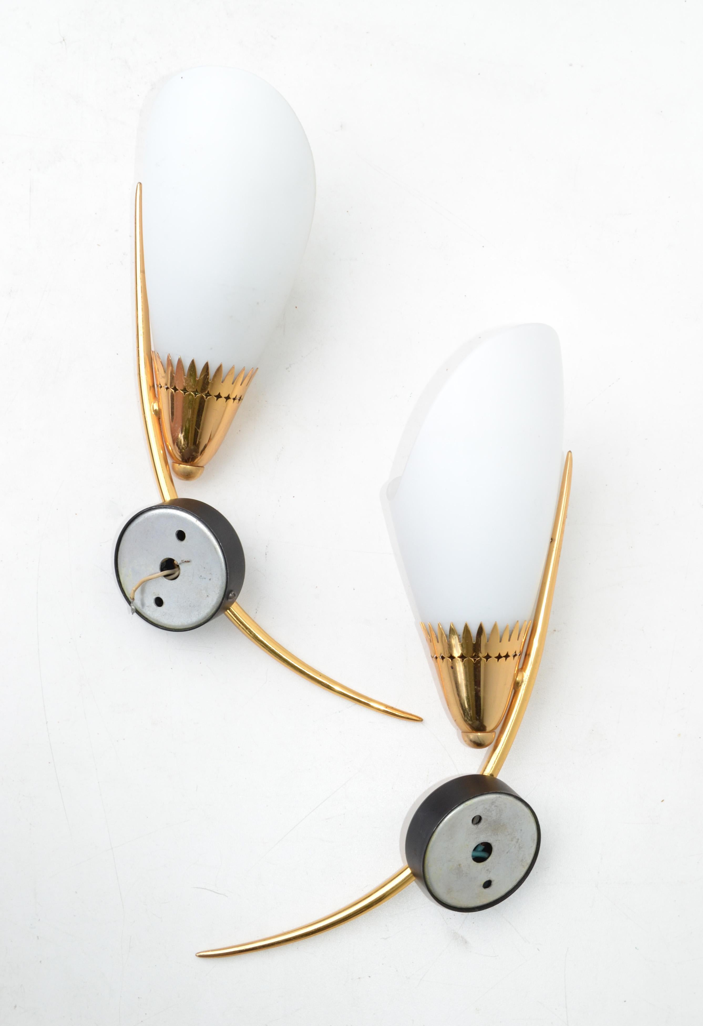 Maison Lunel Mirror Image Sconces Brass Steel & Opaline Shade France 1960, Pair For Sale 4