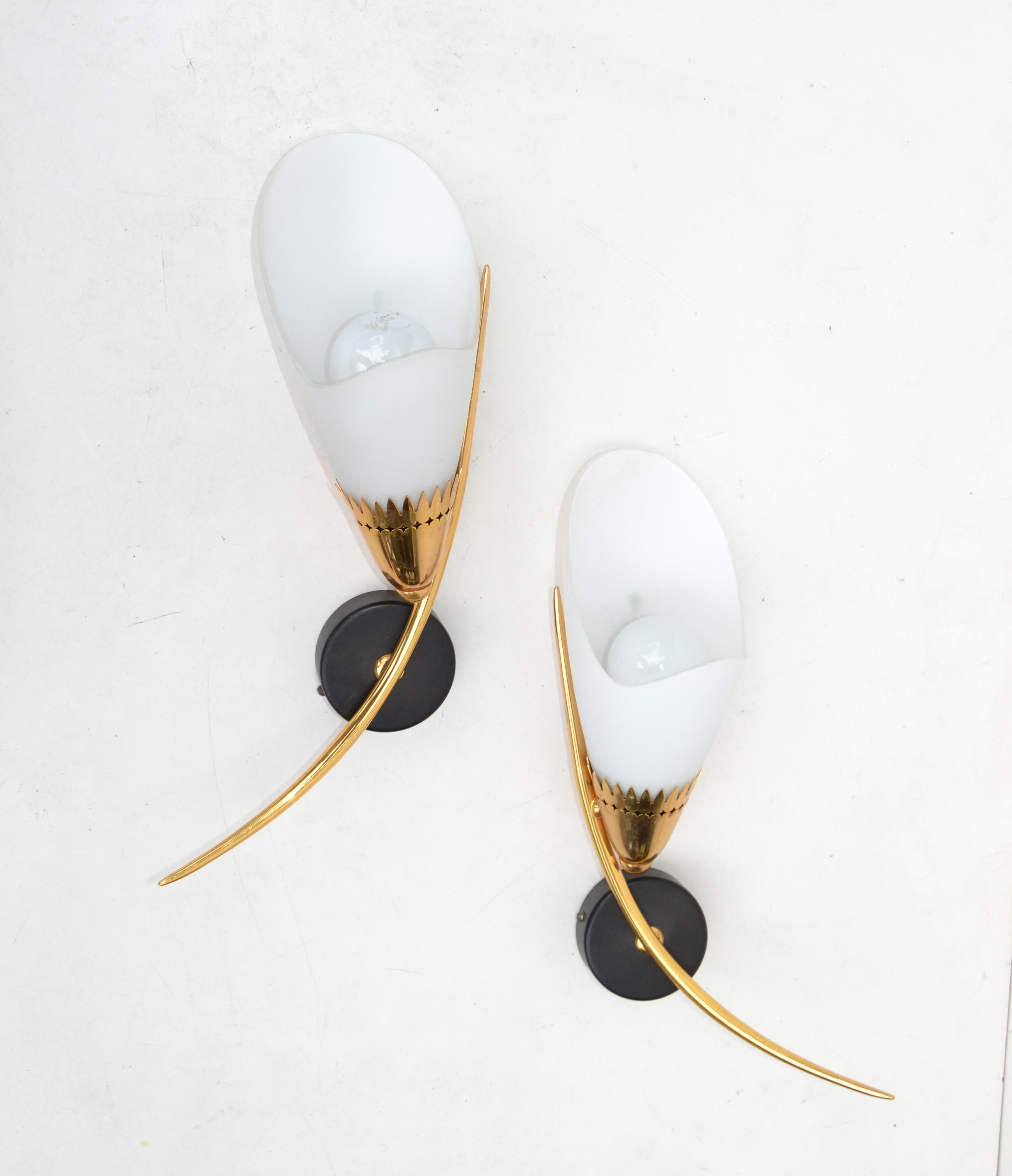 Maison Lunel Mirror Image Sconces Brass Steel & Opaline Shade France 1960, Pair For Sale 5