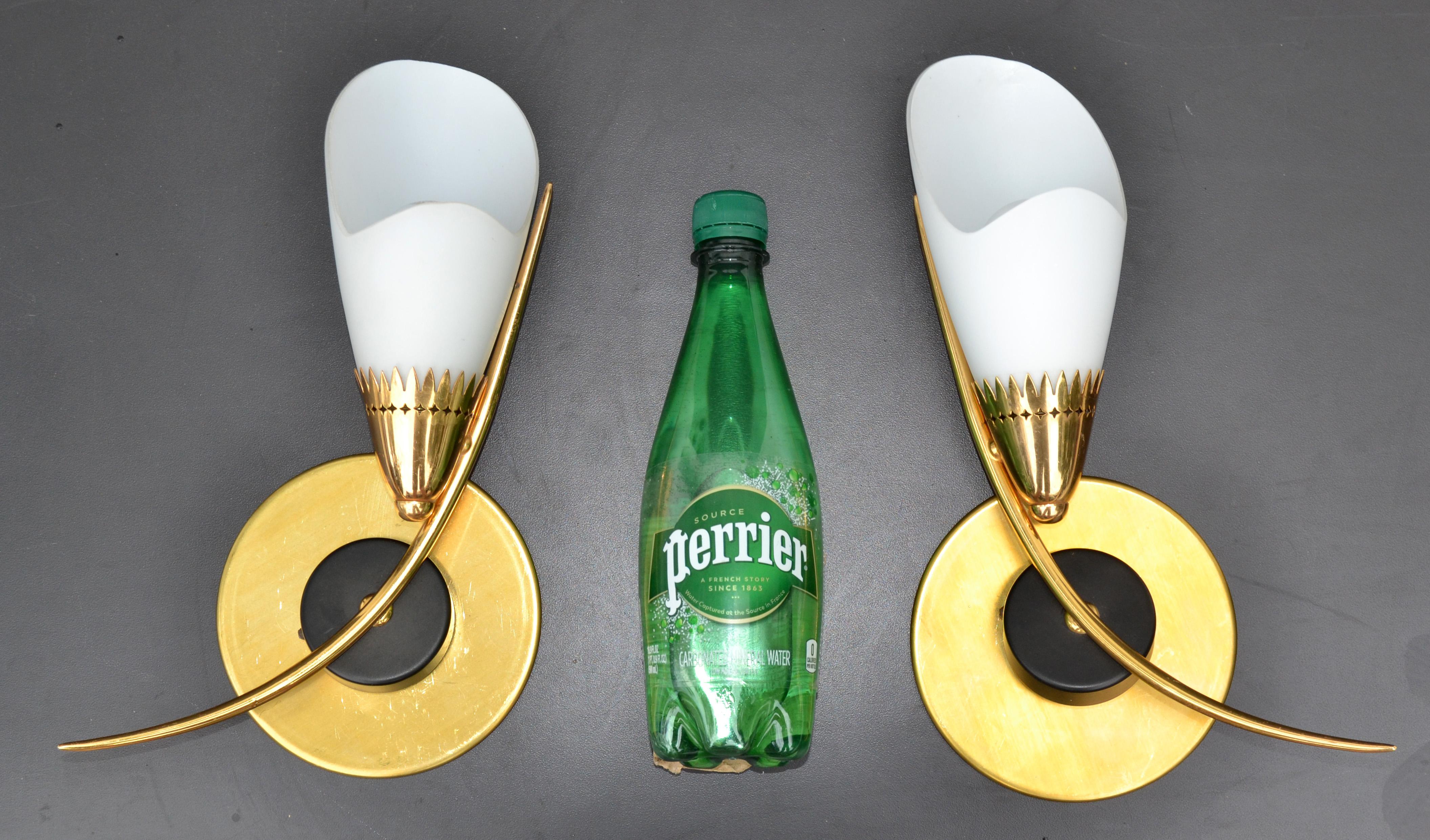 Maison Lunel Mirror Image Sconces Brass Steel & Opaline Shade France 1960, Pair For Sale 6