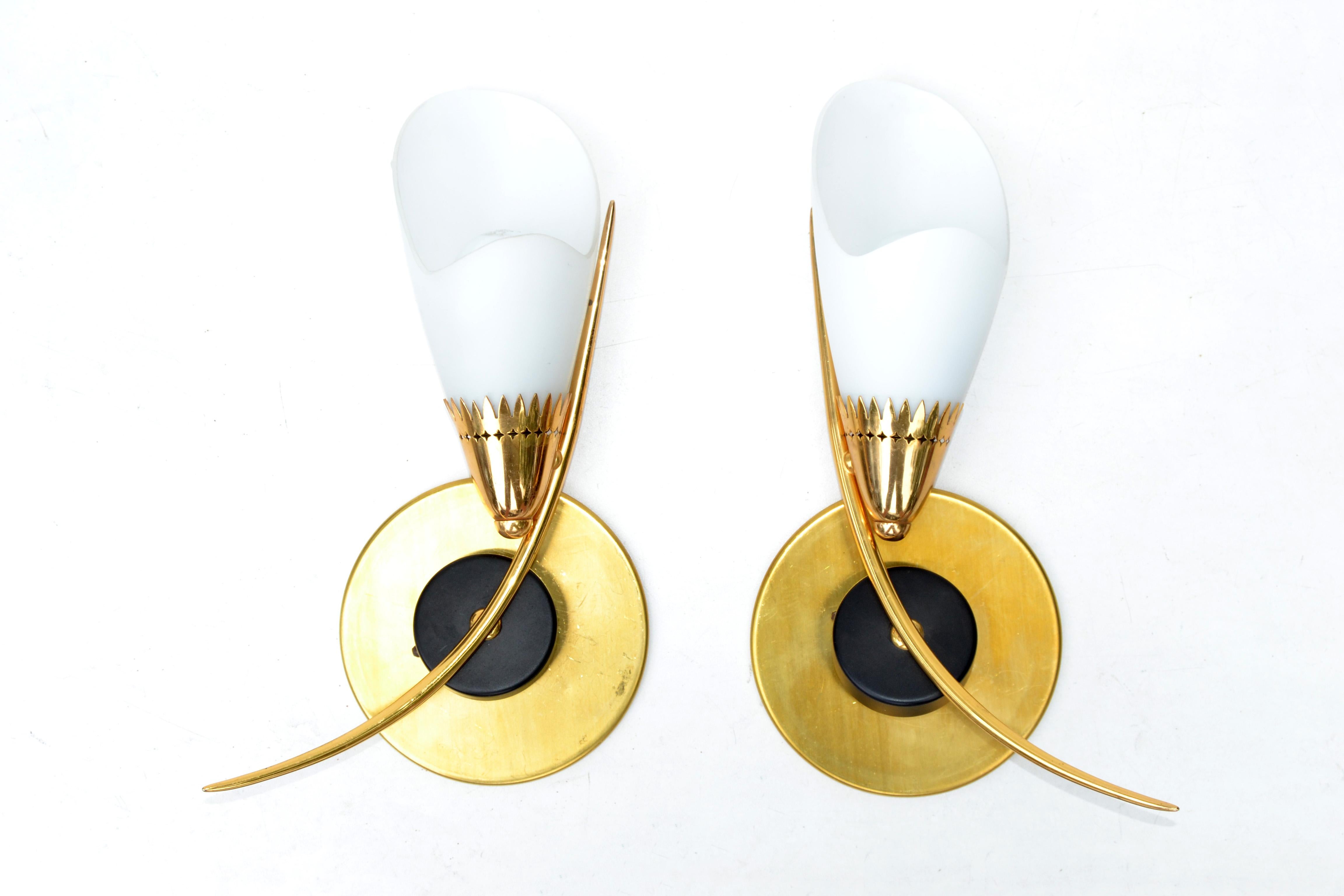 Maison Lunel Mirror Image Sconces Brass Steel & Opaline Shade France 1960, Pair For Sale 7
