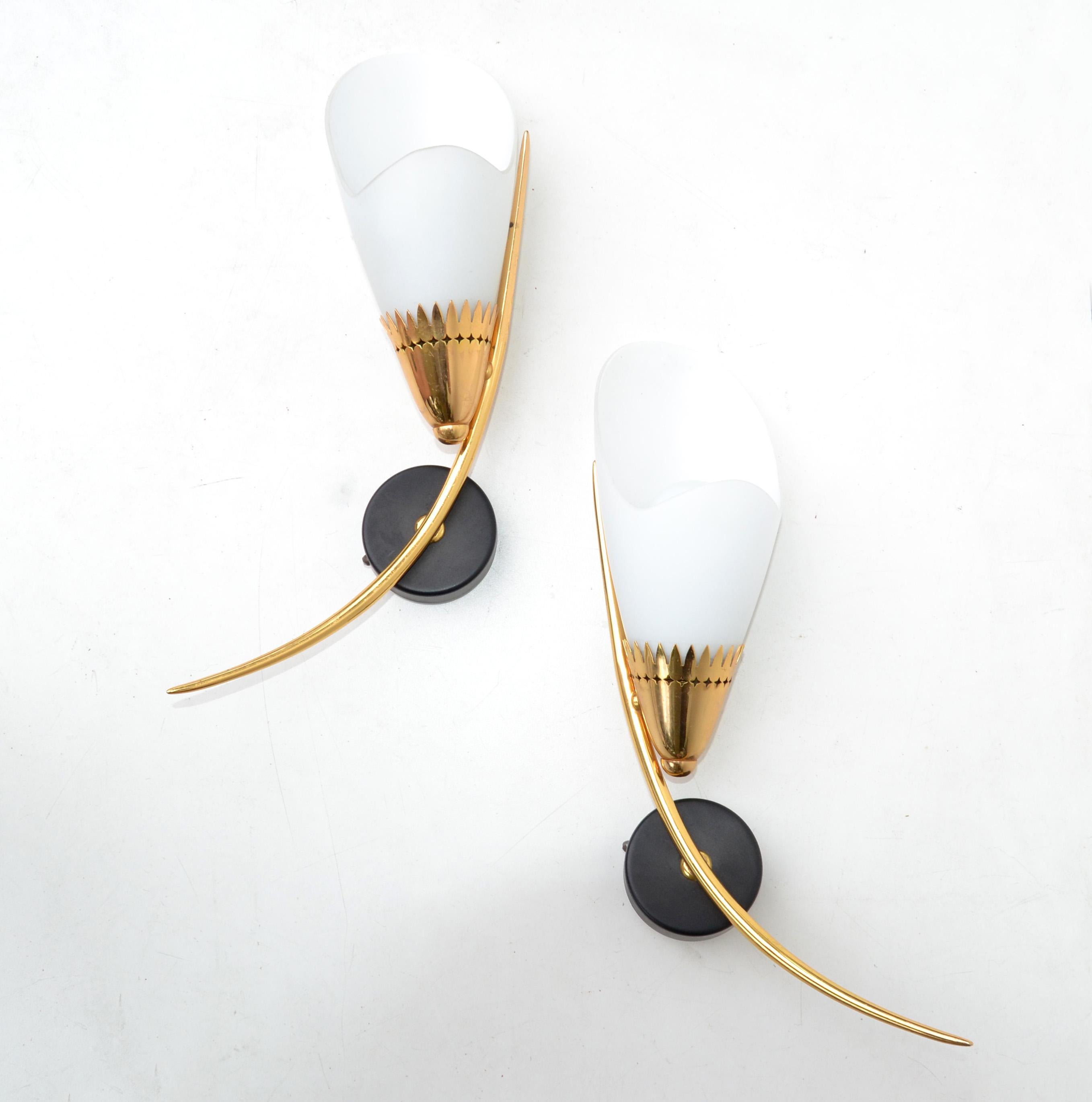 Maison Lunel Mirror Image Sconces Brass Steel & Opaline Shade France 1960, Pair For Sale 8