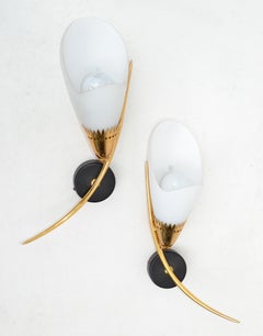 Maison Lunel Mirror Image Sconces Brass Steel & Opaline Shade France 1960, Pair