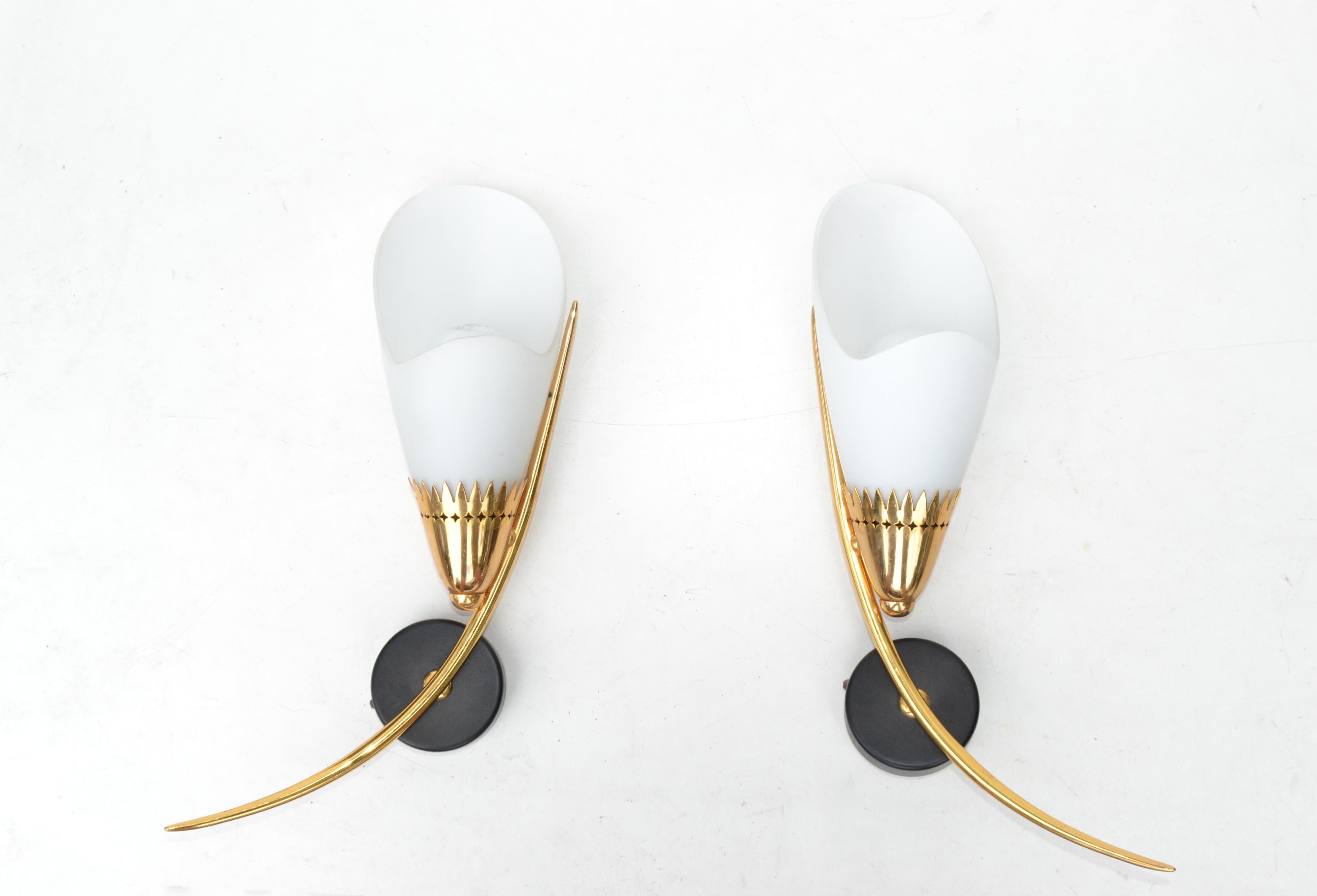 Mid-Century Modern Maison Lunel Mirror Image Sconces Brass Steel & Opaline Shade France 1960, Pair For Sale