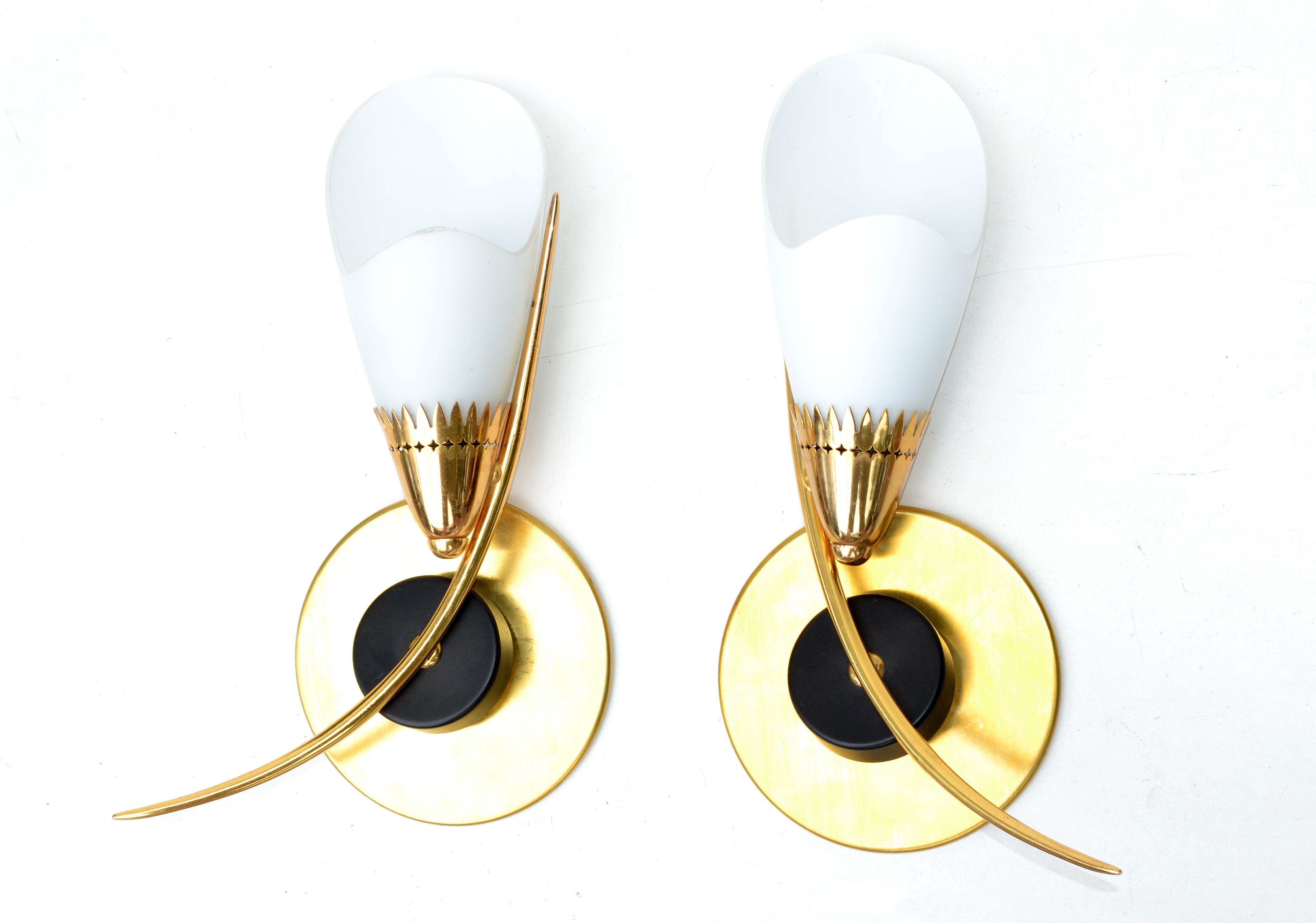 Maison Lunel Mirror Image Sconces Brass Steel & Opaline Shade France 1960, Pair In Good Condition For Sale In Miami, FL