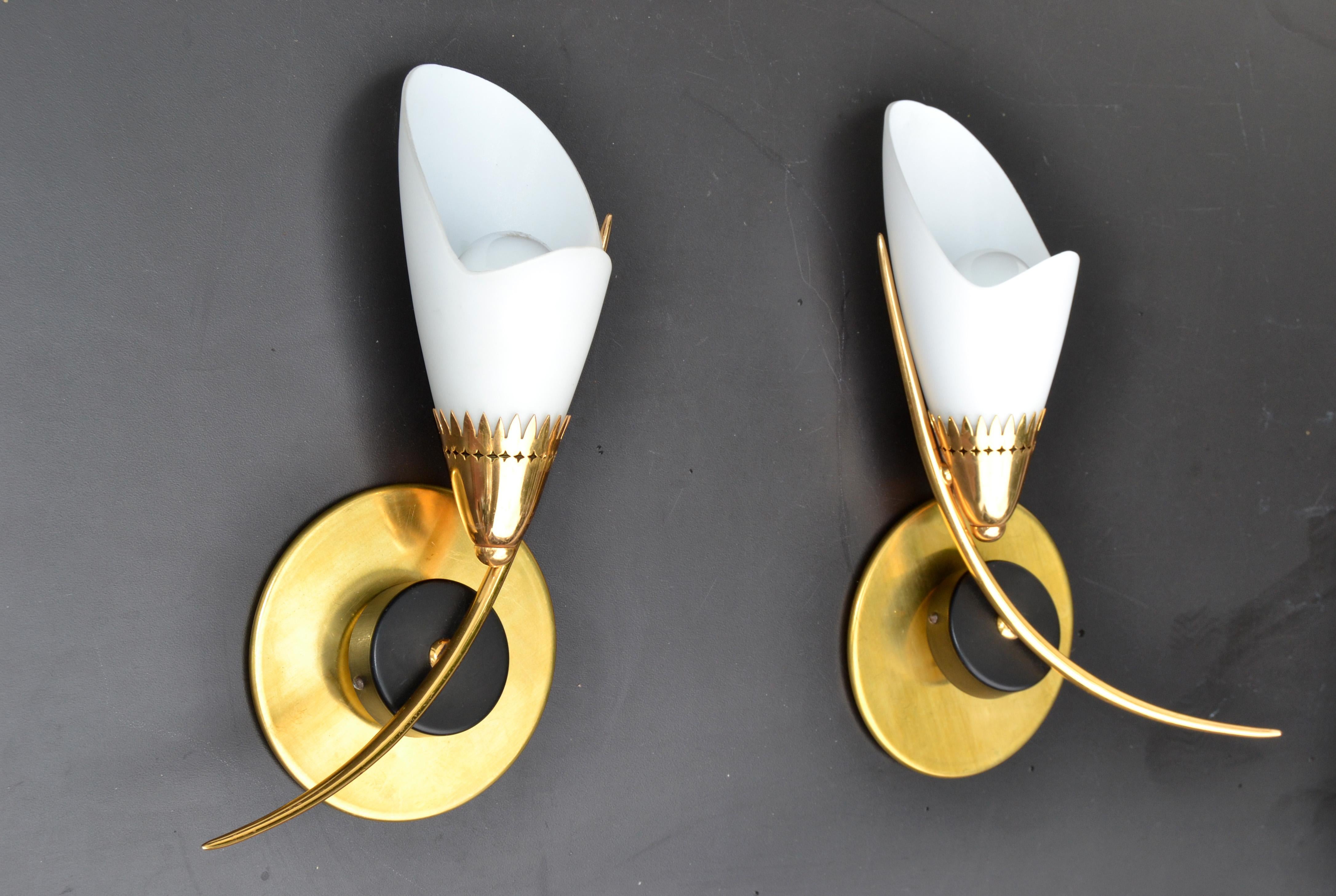 Mid-20th Century Maison Lunel Mirror Image Sconces Brass Steel & Opaline Shade France 1960, Pair For Sale
