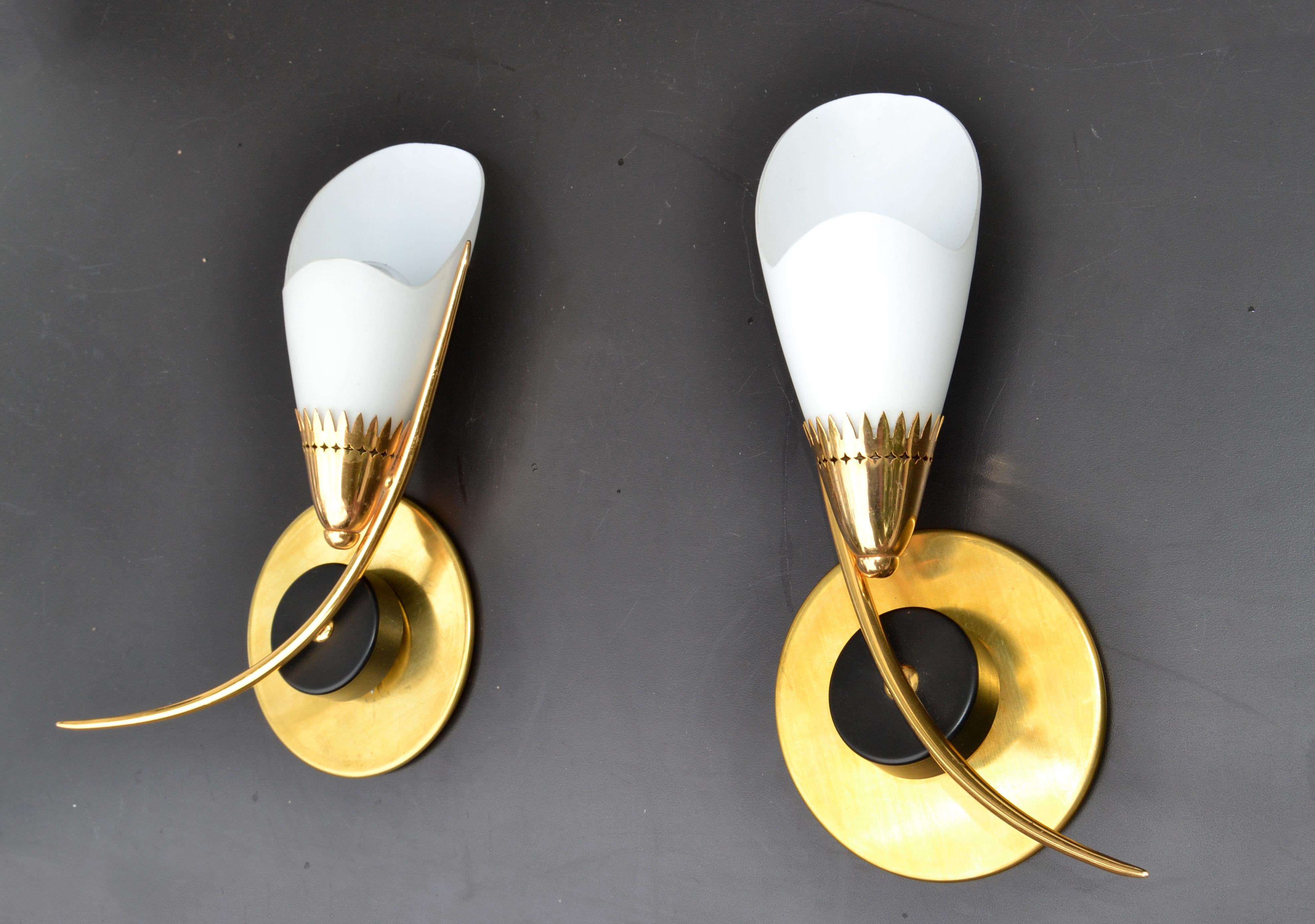 Maison Lunel Mirror Image Sconces Brass Steel & Opaline Shade France 1960, Pair For Sale 1