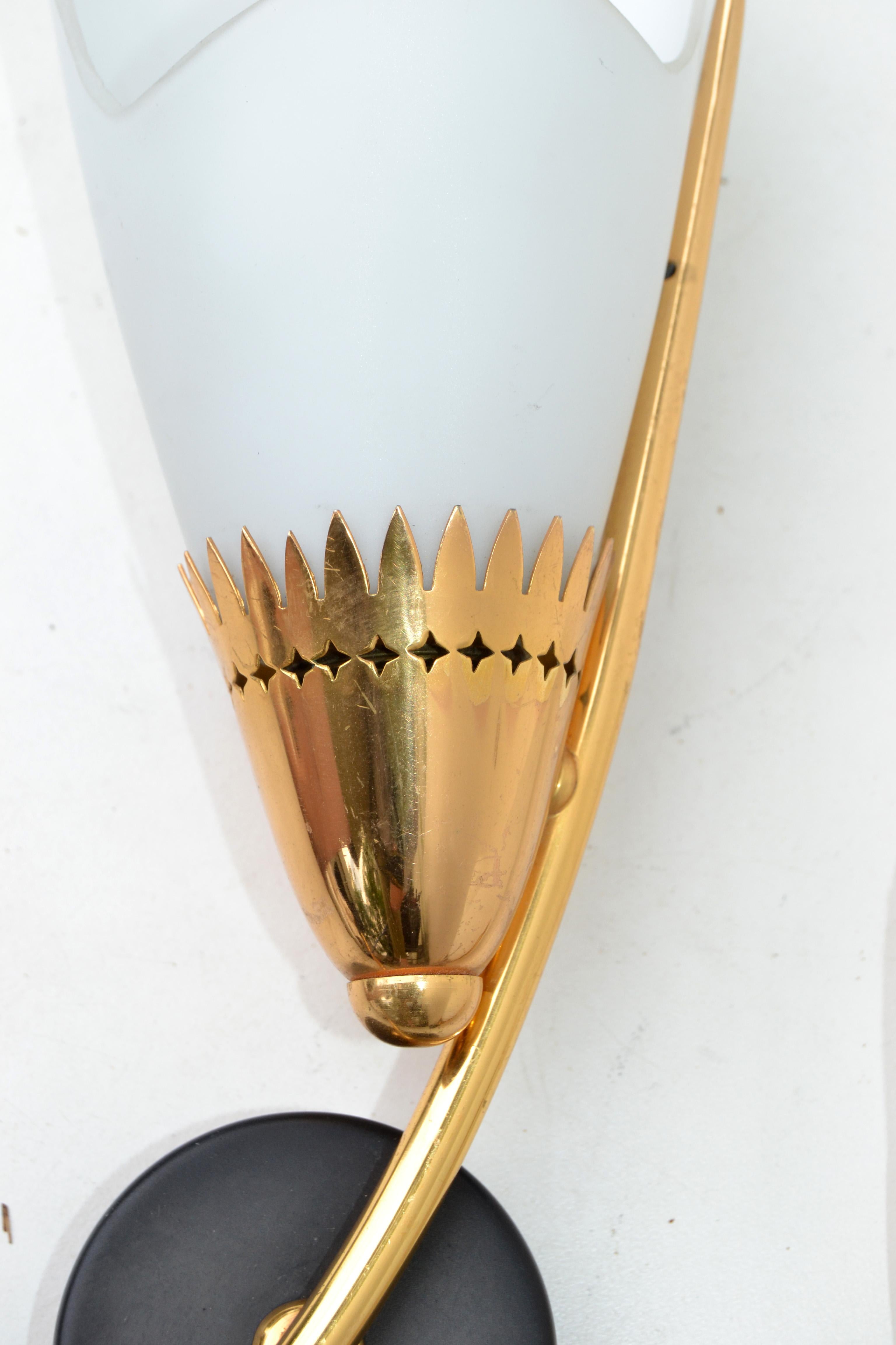 Maison Lunel Mirror Image Sconces Brass Steel & Opaline Shade France 1960, Pair For Sale 2