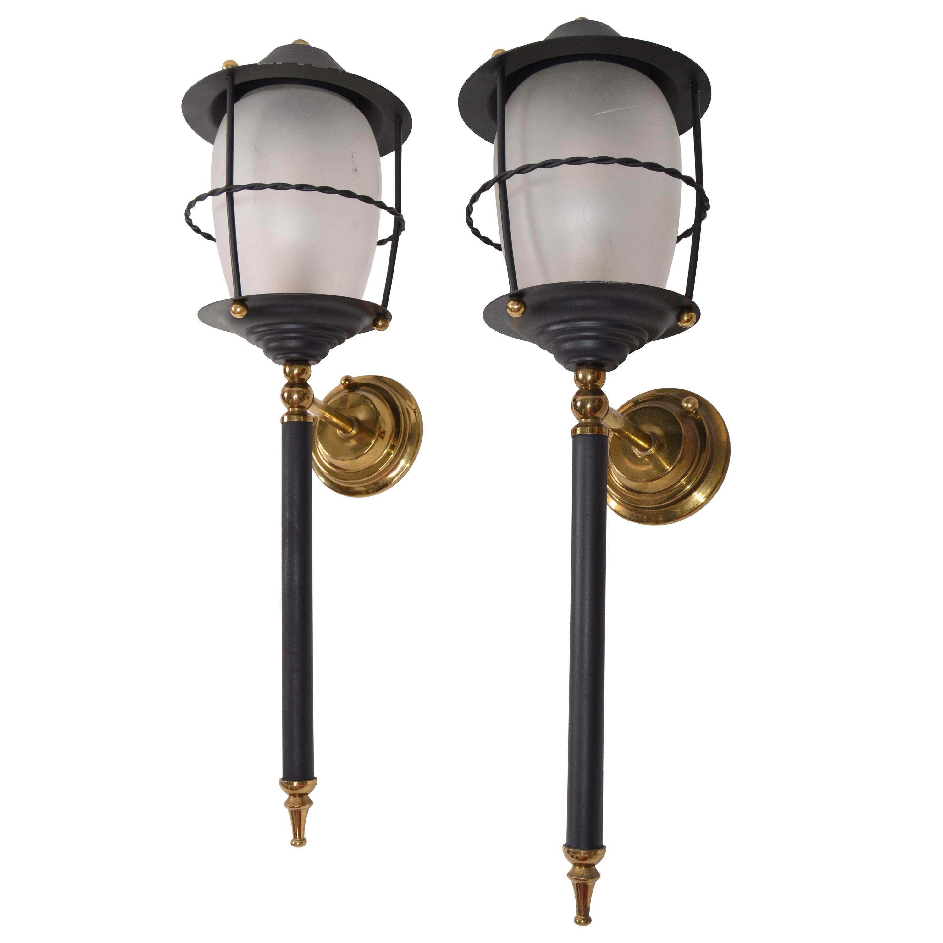 Maison Lunel Pair of Black Glass and Brass Lantern Wall Mounted Sconces France
