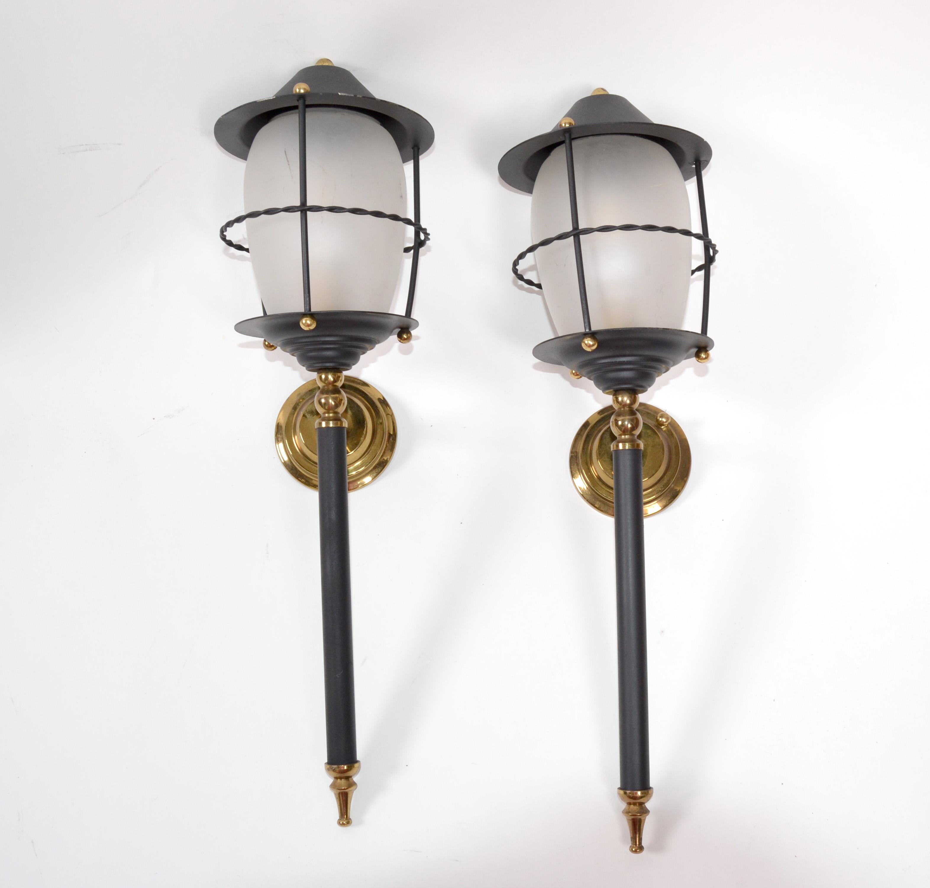 Maison Lunel Pair of Black Glass and Brass Lantern Wall Mounted Sconces France 3