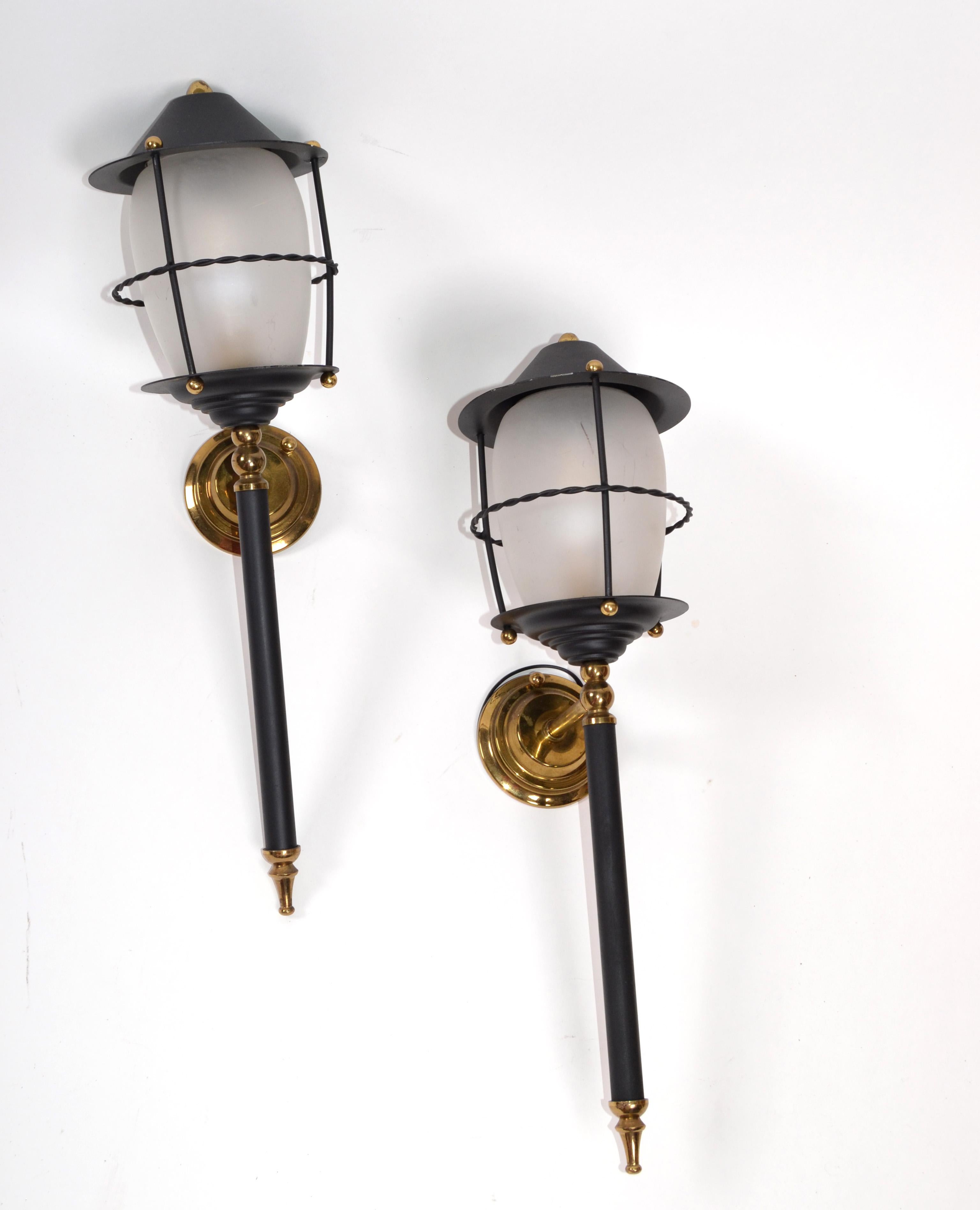 Maison Lunel Pair of Black Glass and Brass Lantern Wall Mounted Sconces France 4