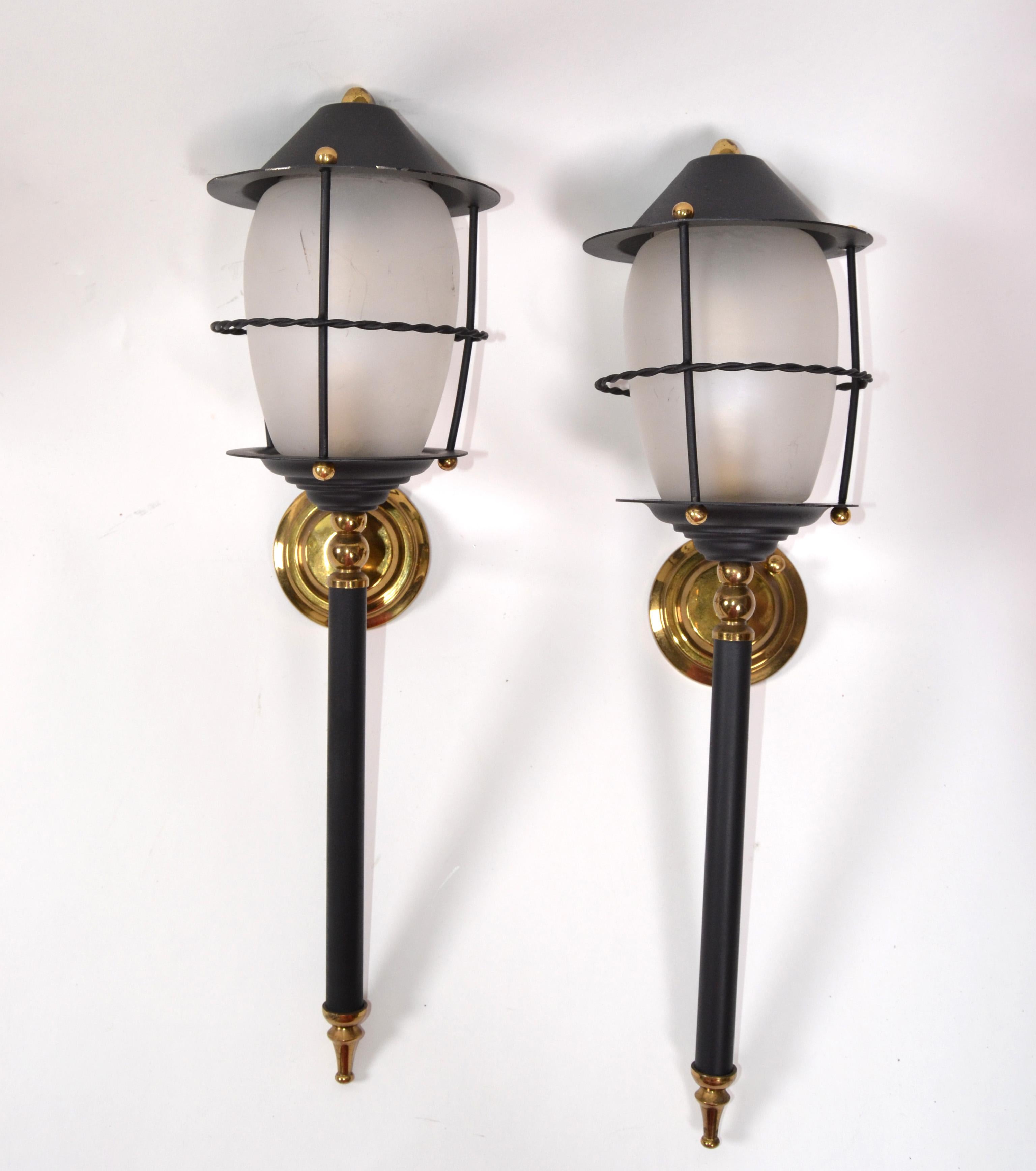 Maison Lunel Pair of Black Glass and Brass Lantern Wall Mounted Sconces France 5
