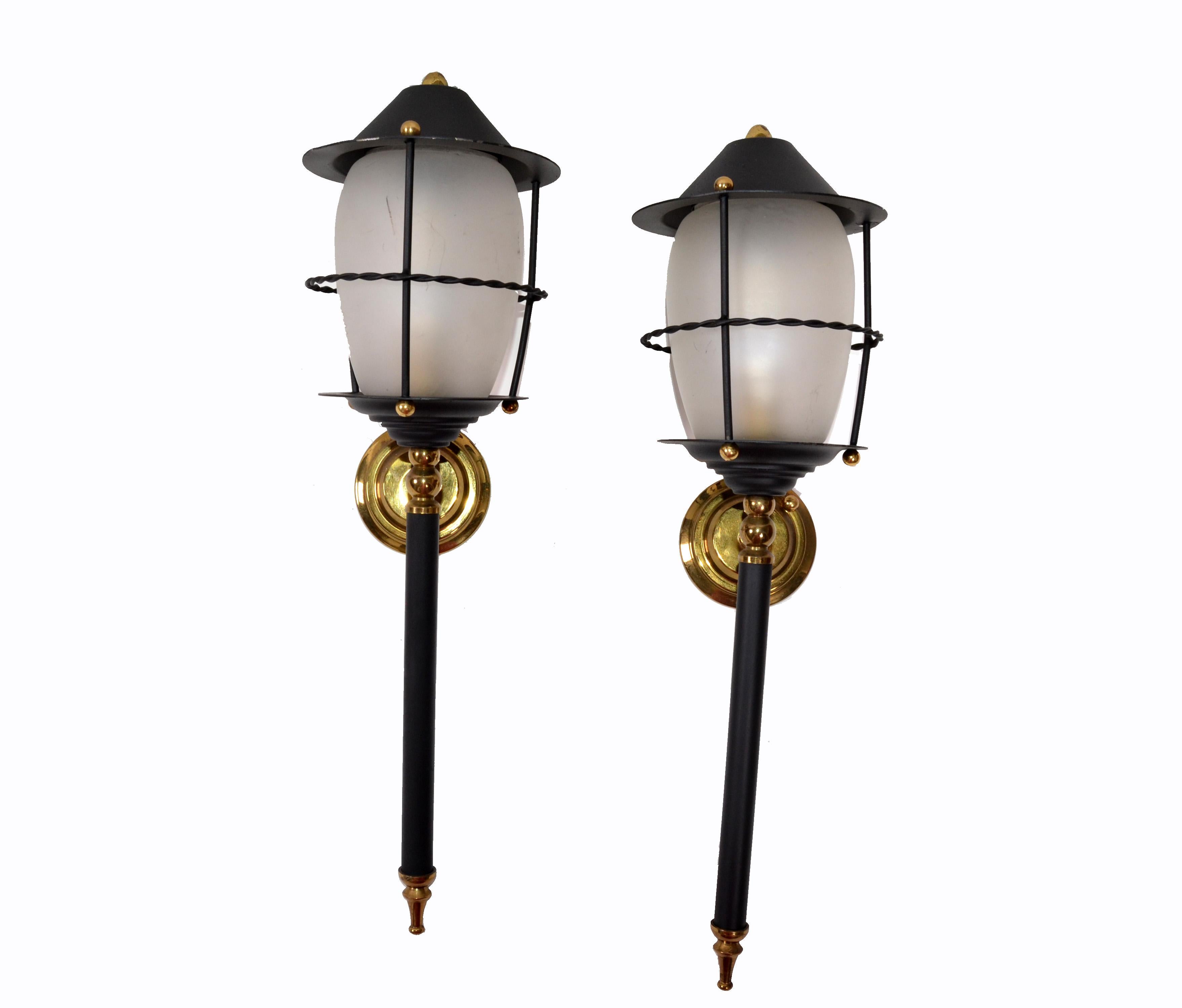 Mid-Century Modern Maison Lunel Pair of Black Glass and Brass Lantern Wall Mounted Sconces France