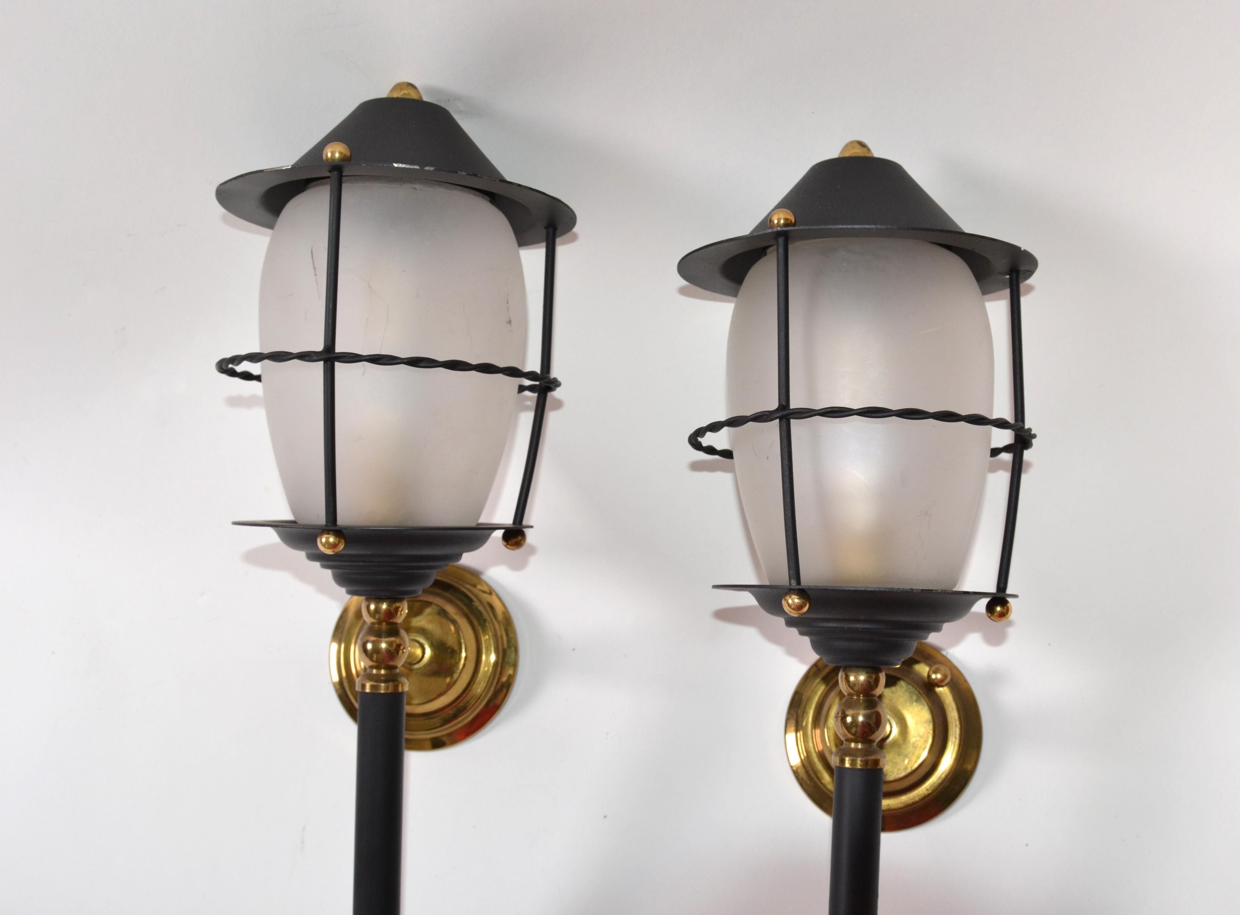 French Maison Lunel Pair of Black Glass and Brass Lantern Wall Mounted Sconces France