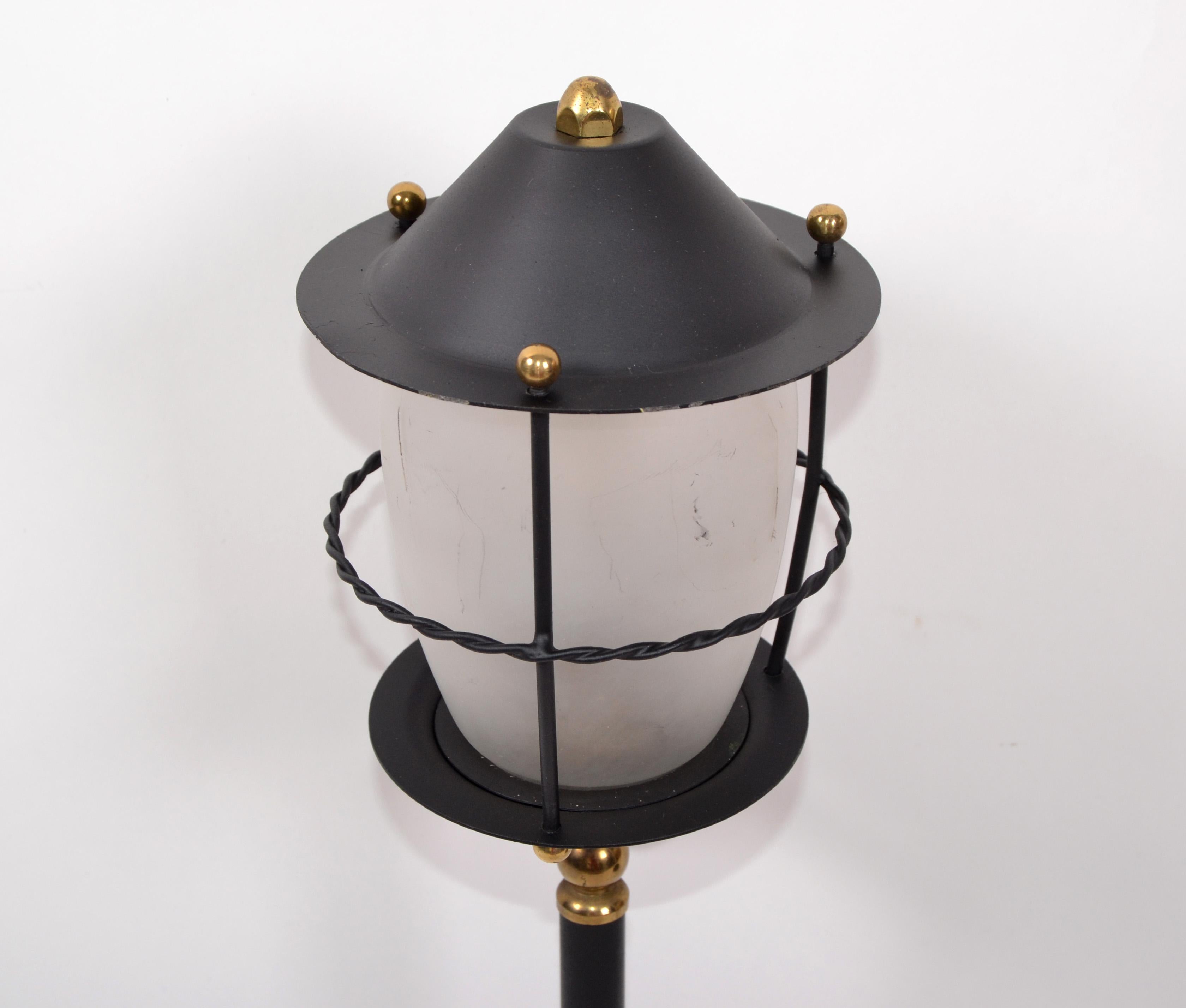 Maison Lunel Pair of Black Glass and Brass Lantern Wall Mounted Sconces France In Good Condition In Miami, FL