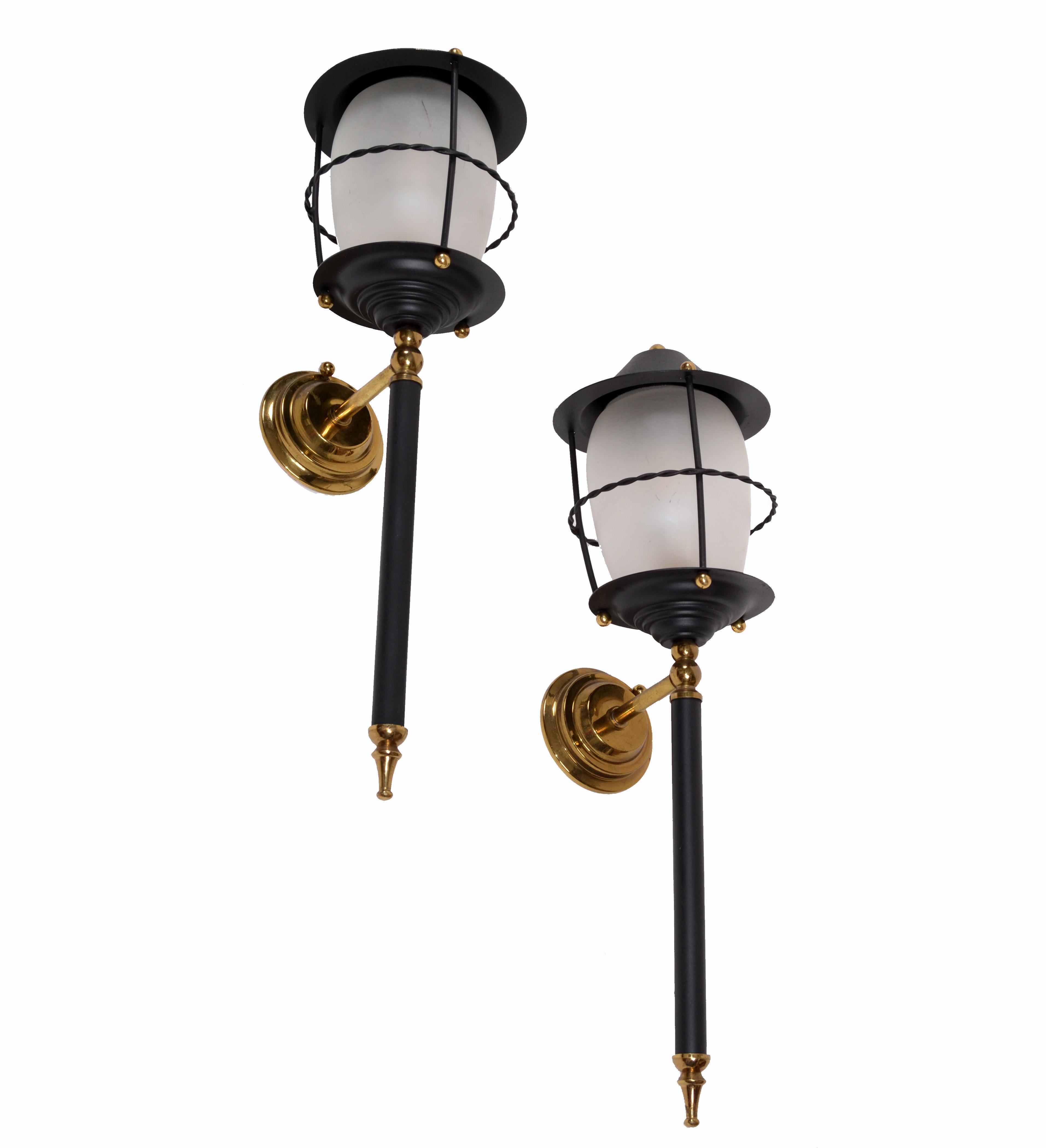 Maison Lunel Pair of Black Glass and Brass Lantern Wall Mounted Sconces France 1