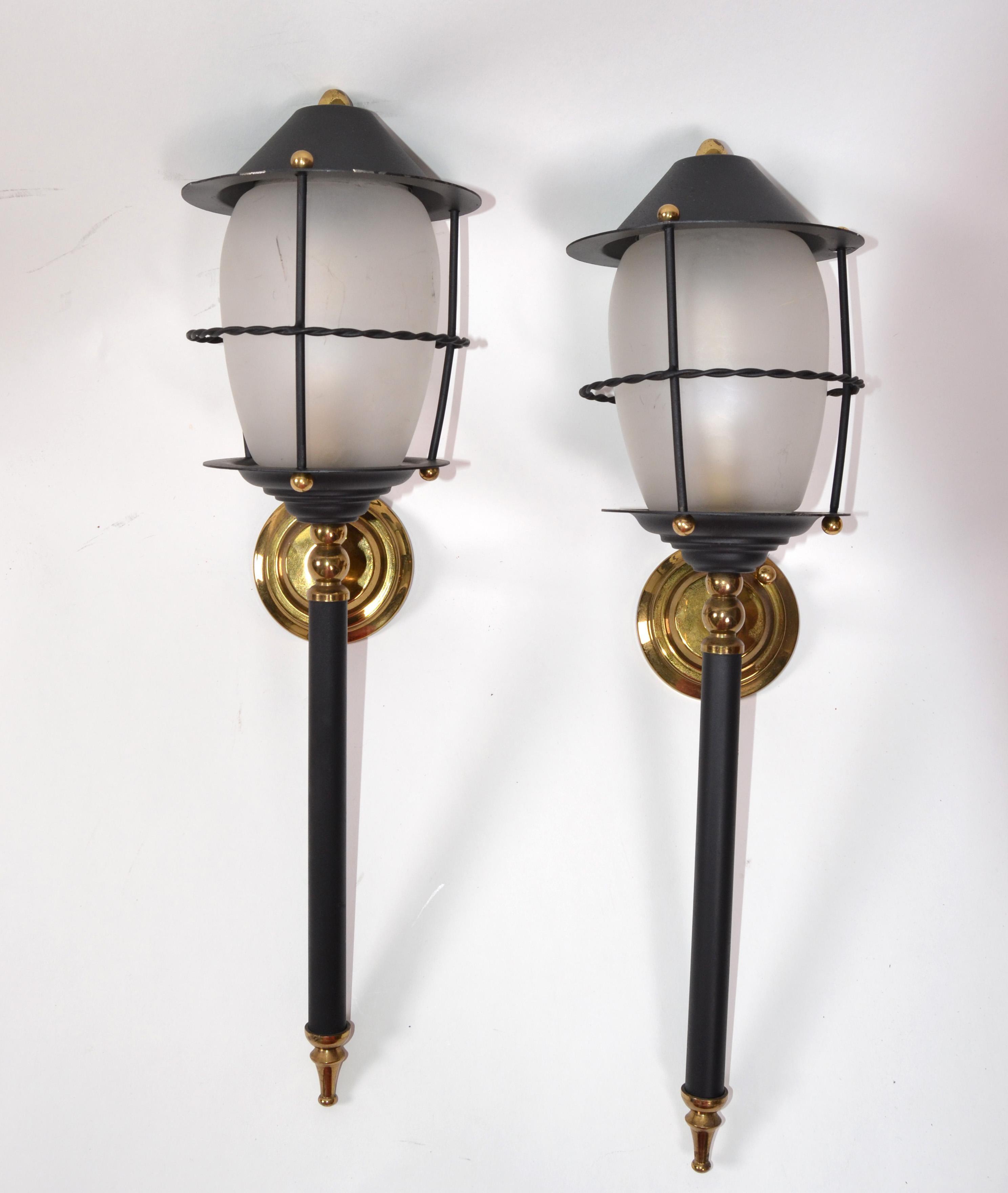 Maison Lunel Pair of Black Glass and Brass Lantern Wall Mounted Sconces France 2