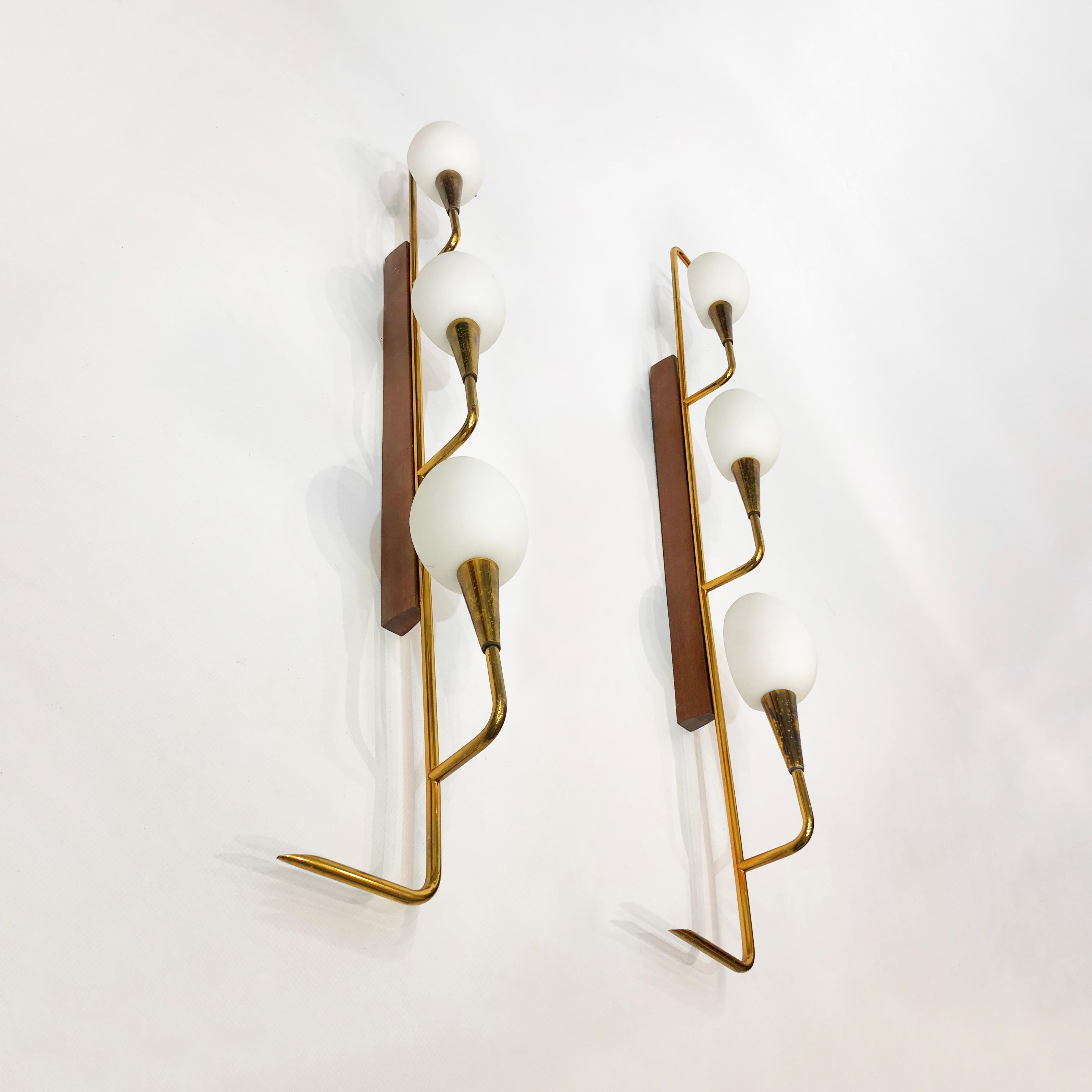 Mid-20th Century Maison Lunel Pair Of Mid-Century  Teak And Brass Wall Lights 1950s For Sale