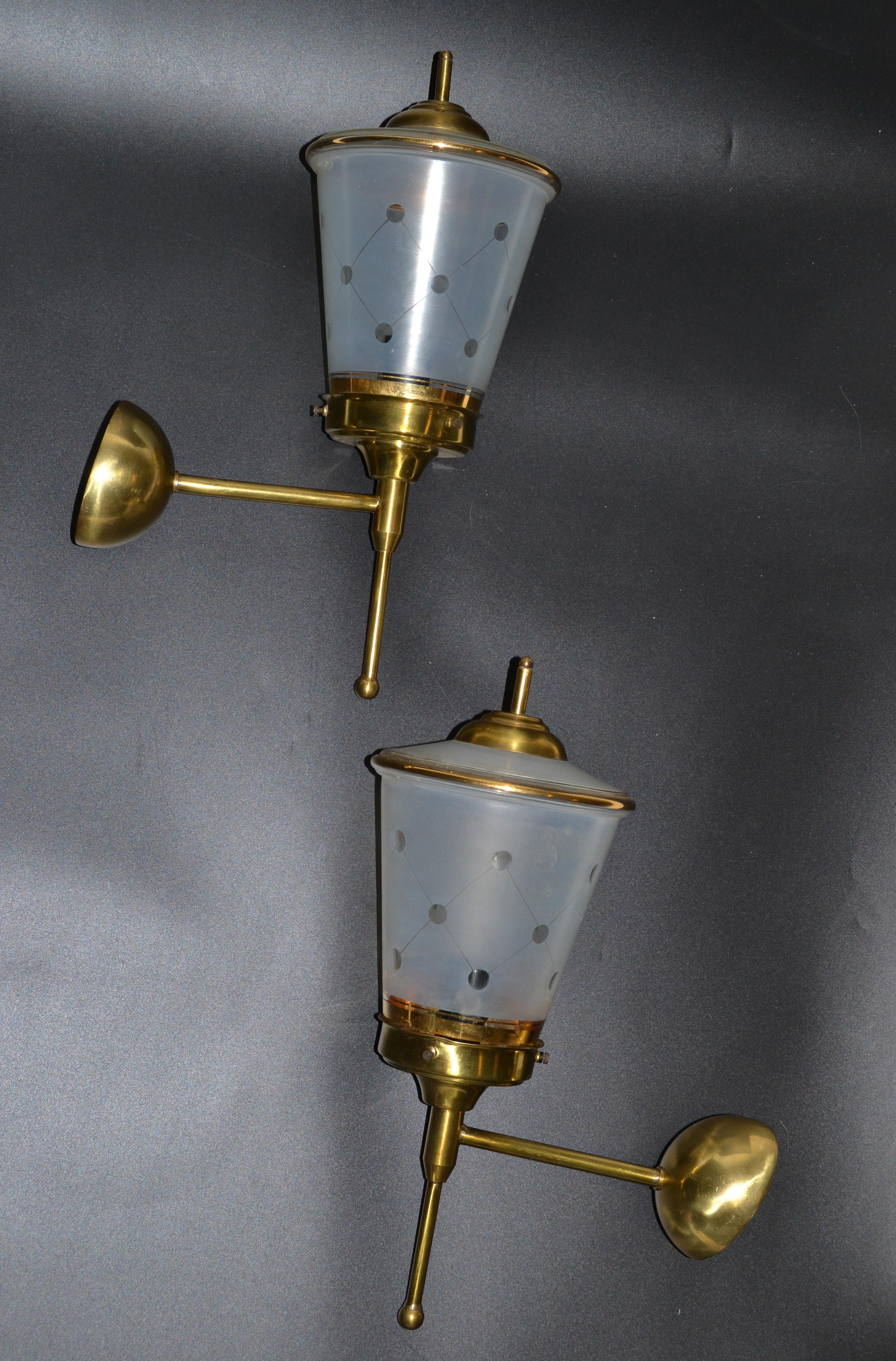 Maison Lunel Pair of Ornate Glass and Brass Lantern Wall Mounted Sconces, France For Sale 7