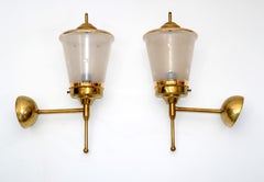 Maison Lunel Pair of Ornate Glass and Brass Lantern Wall Mounted Sconces, France