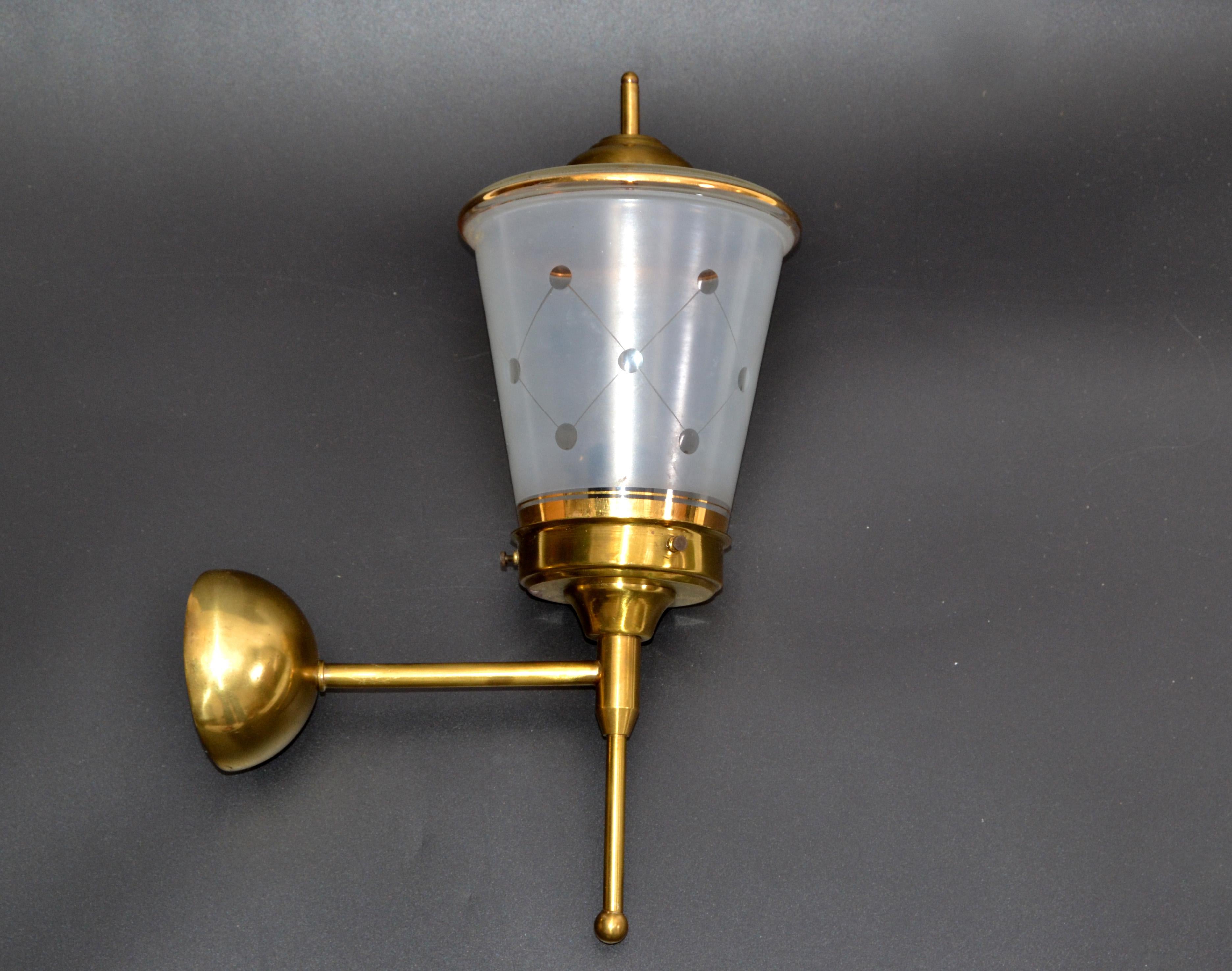 French Maison Lunel Pair of Ornate Glass and Brass Lantern Wall Mounted Sconces, France For Sale