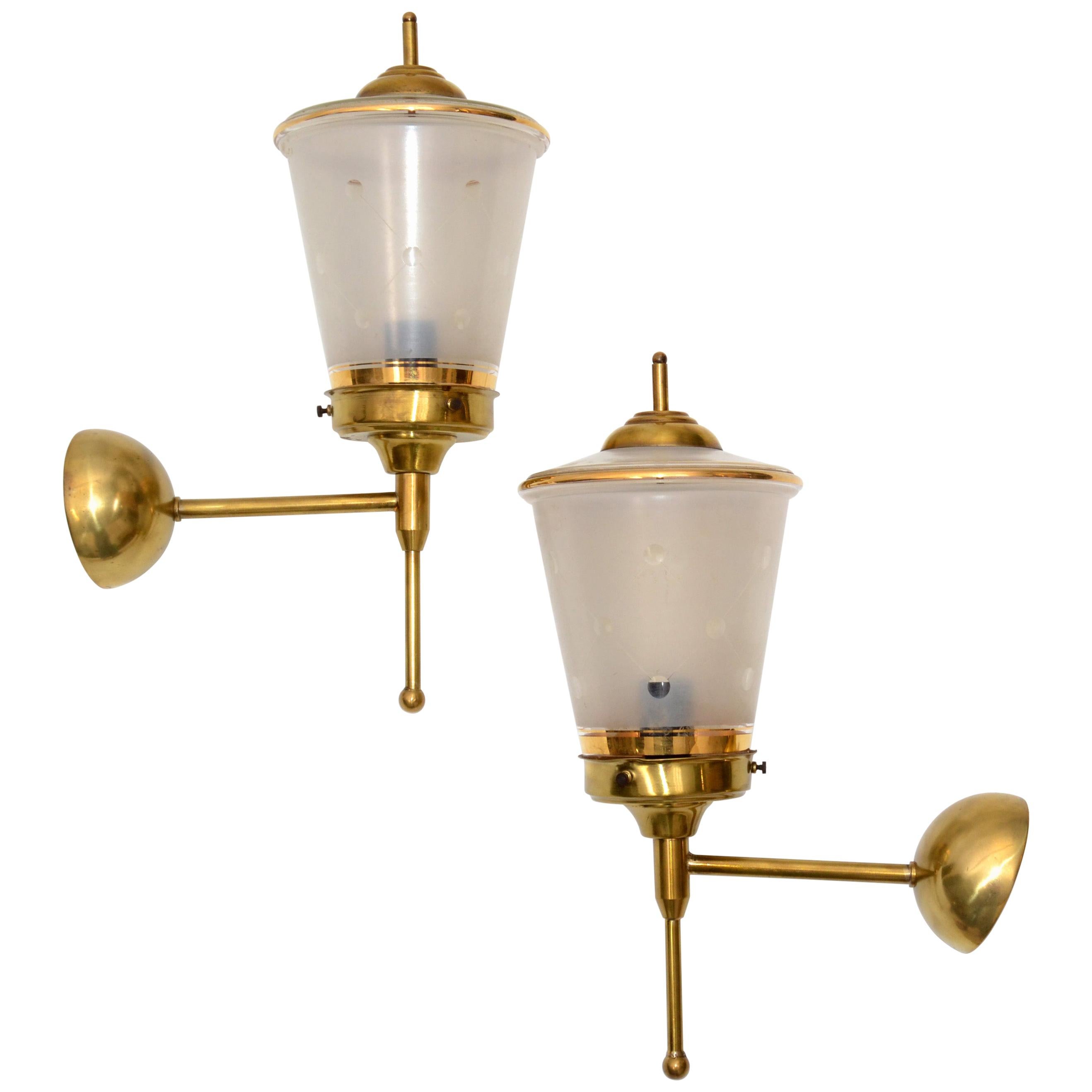 Maison Lunel Pair of Ornate Glass and Brass Lantern Wall Mounted Sconces, France