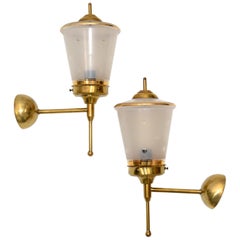 Antique Maison Lunel Pair of Ornate Glass and Brass Lantern Wall Mounted Sconces, France