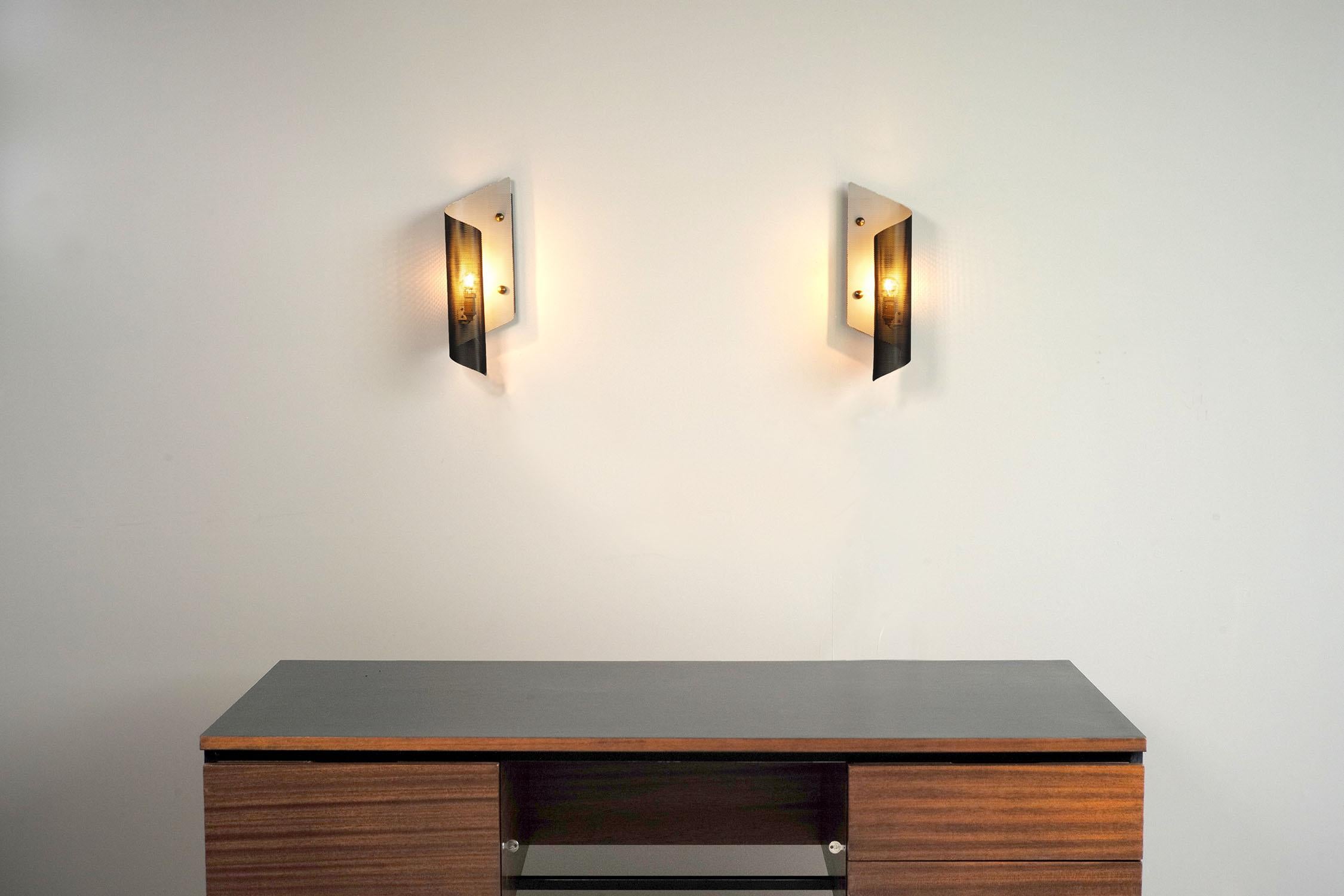 Maison Lunel, Pair of Perforated Metal Sconces, 1950s, France 4