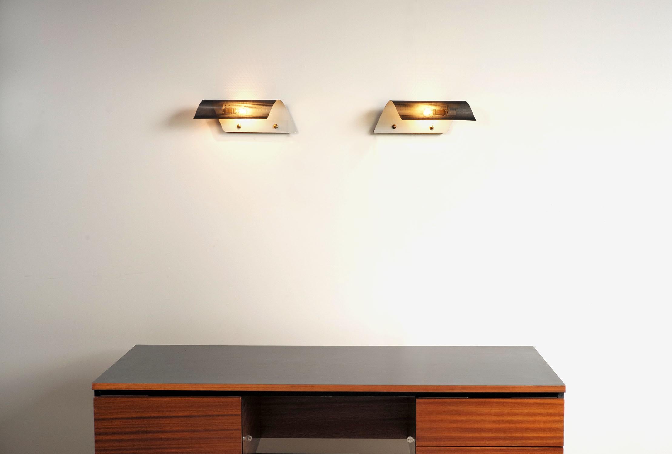 Lacquered Maison Lunel, Pair of Perforated Metal Sconces, 1950s, France