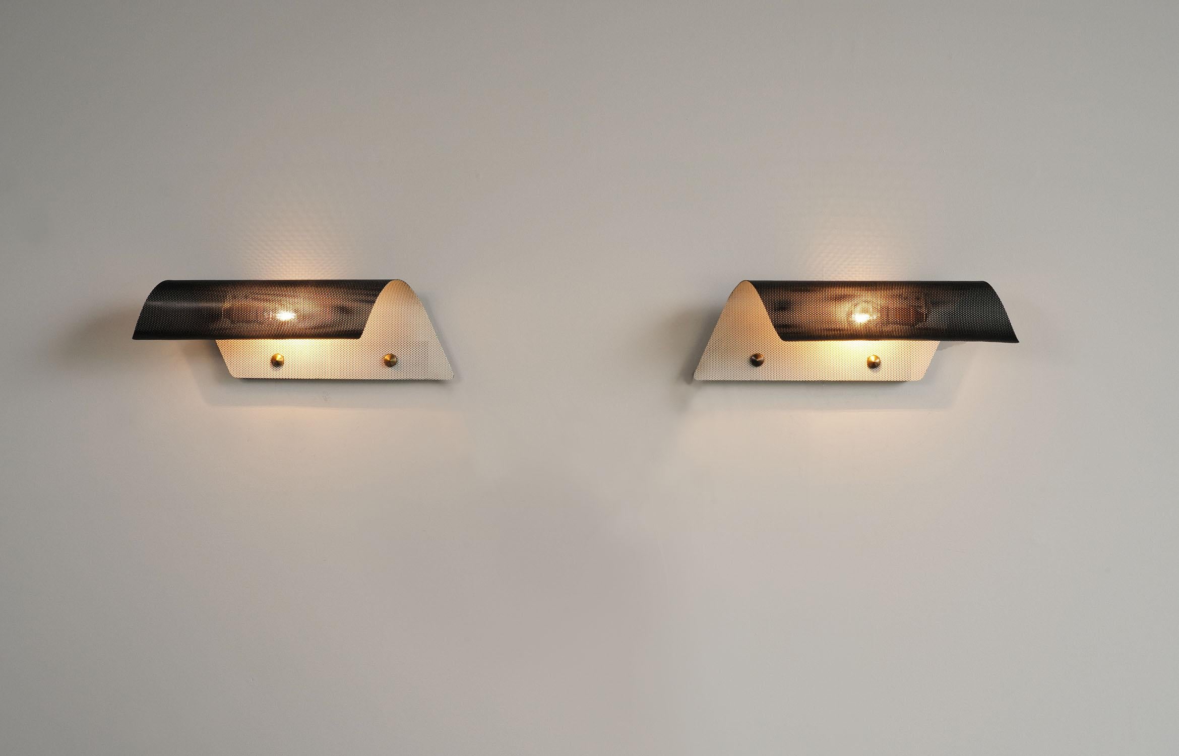 Maison Lunel, Pair of Perforated Metal Sconces, 1950s, France In Good Condition In Catonvielle, FR