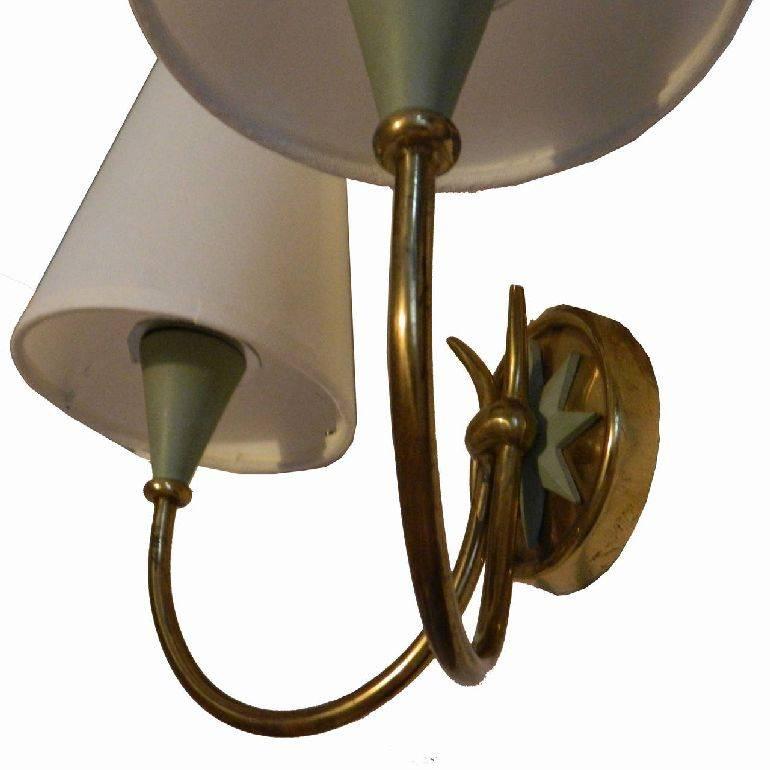 Elegant pair of Maison Lunel sconces, celadon green and brass finish 2 bulb, 60 watt max each. US wired and in working condition without shade: 10.5