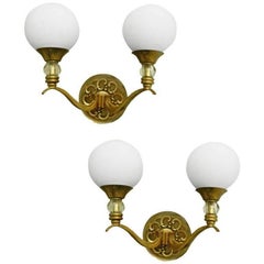 Maison Lunel Pair of Sconces Bronze & Blown Round Opaline Glass Shades Art Deco