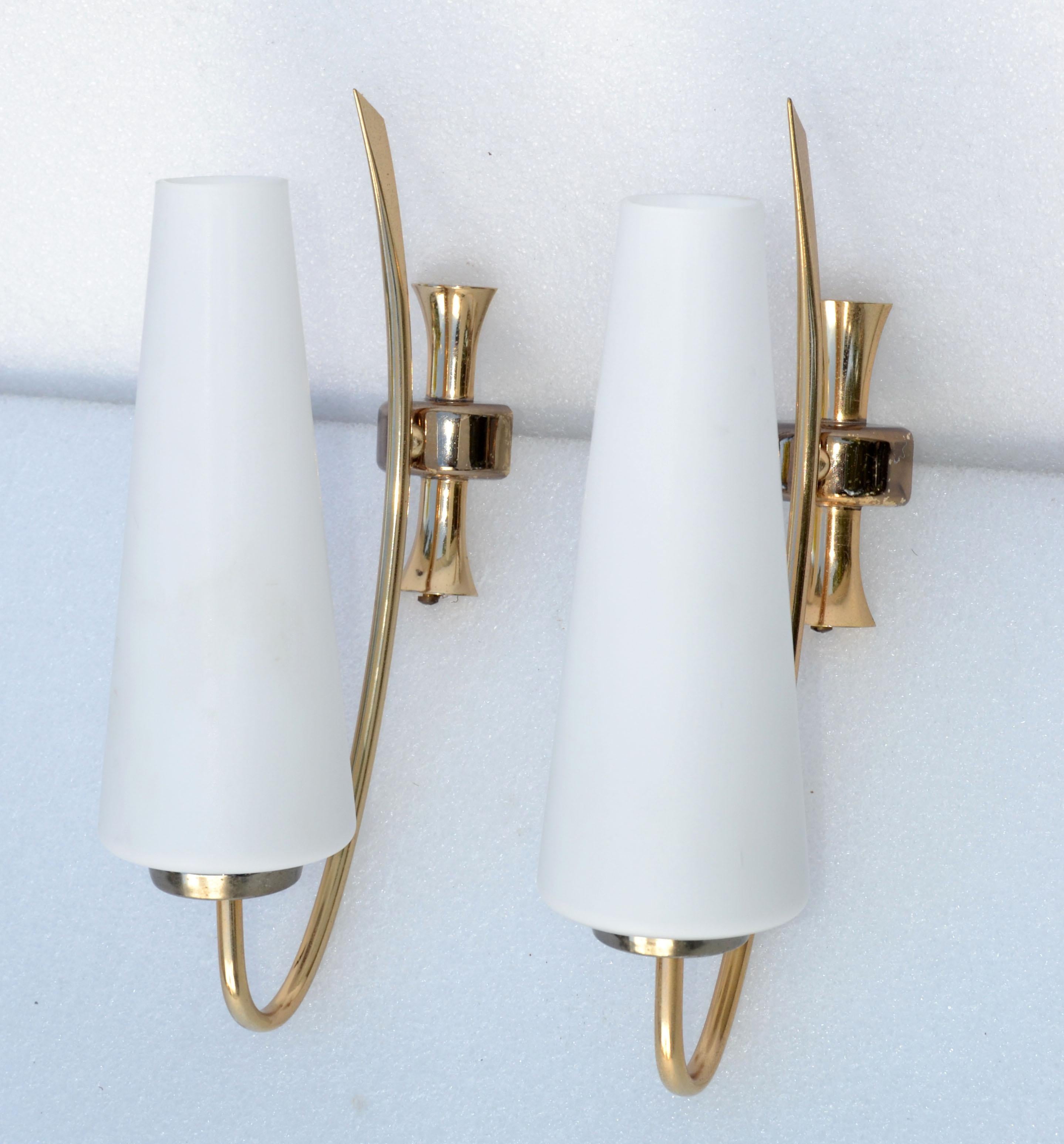 Maison Lunel Sconce 2 Tone Brass & Opaline Shade France Mid-Century Modern, Pair For Sale 4