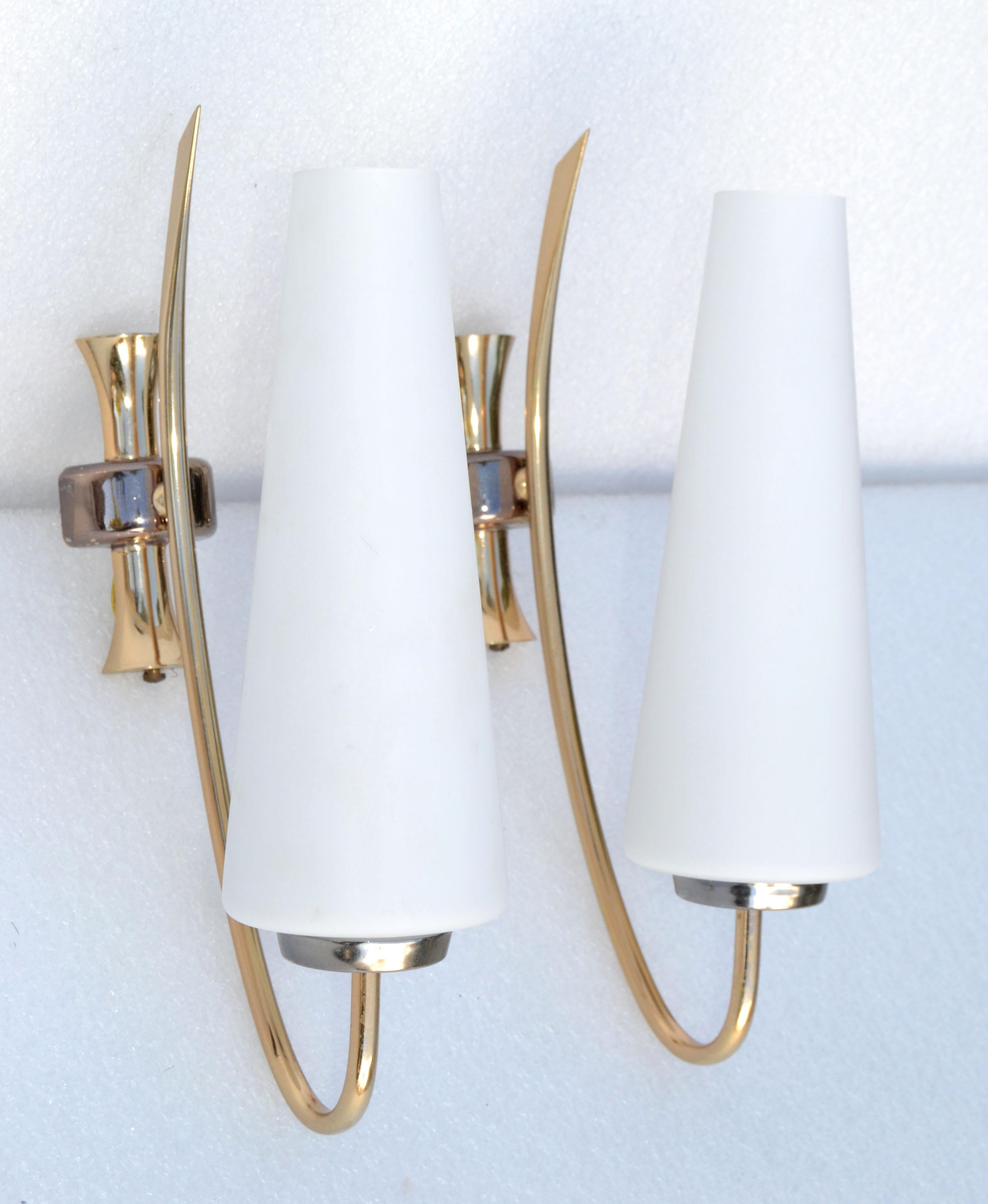 French Maison Lunel Sconce 2 Tone Brass & Opaline Shade France Mid-Century Modern, Pair For Sale