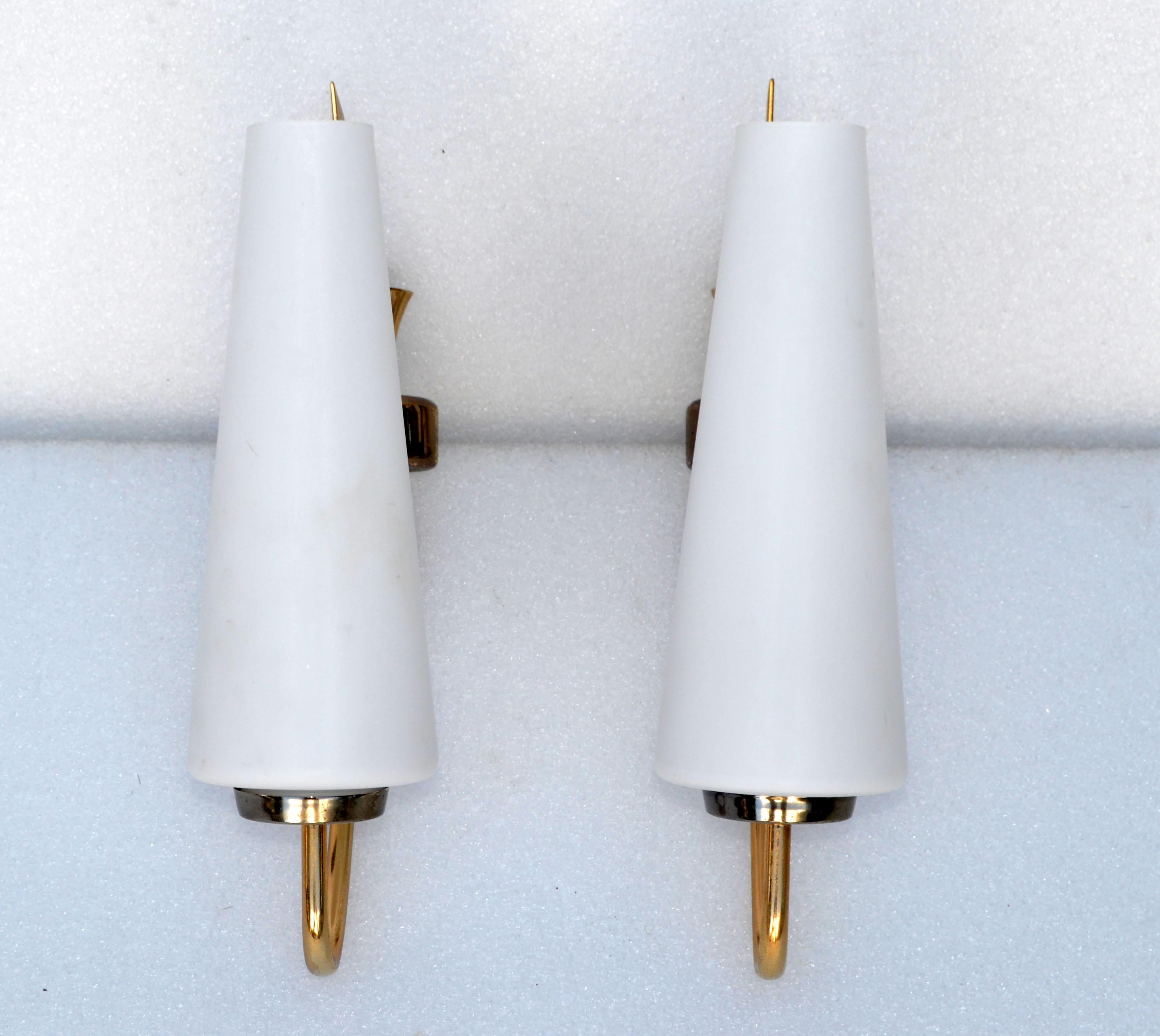 Hand-Crafted Maison Lunel Sconce 2 Tone Brass & Opaline Shade France Mid-Century Modern, Pair For Sale