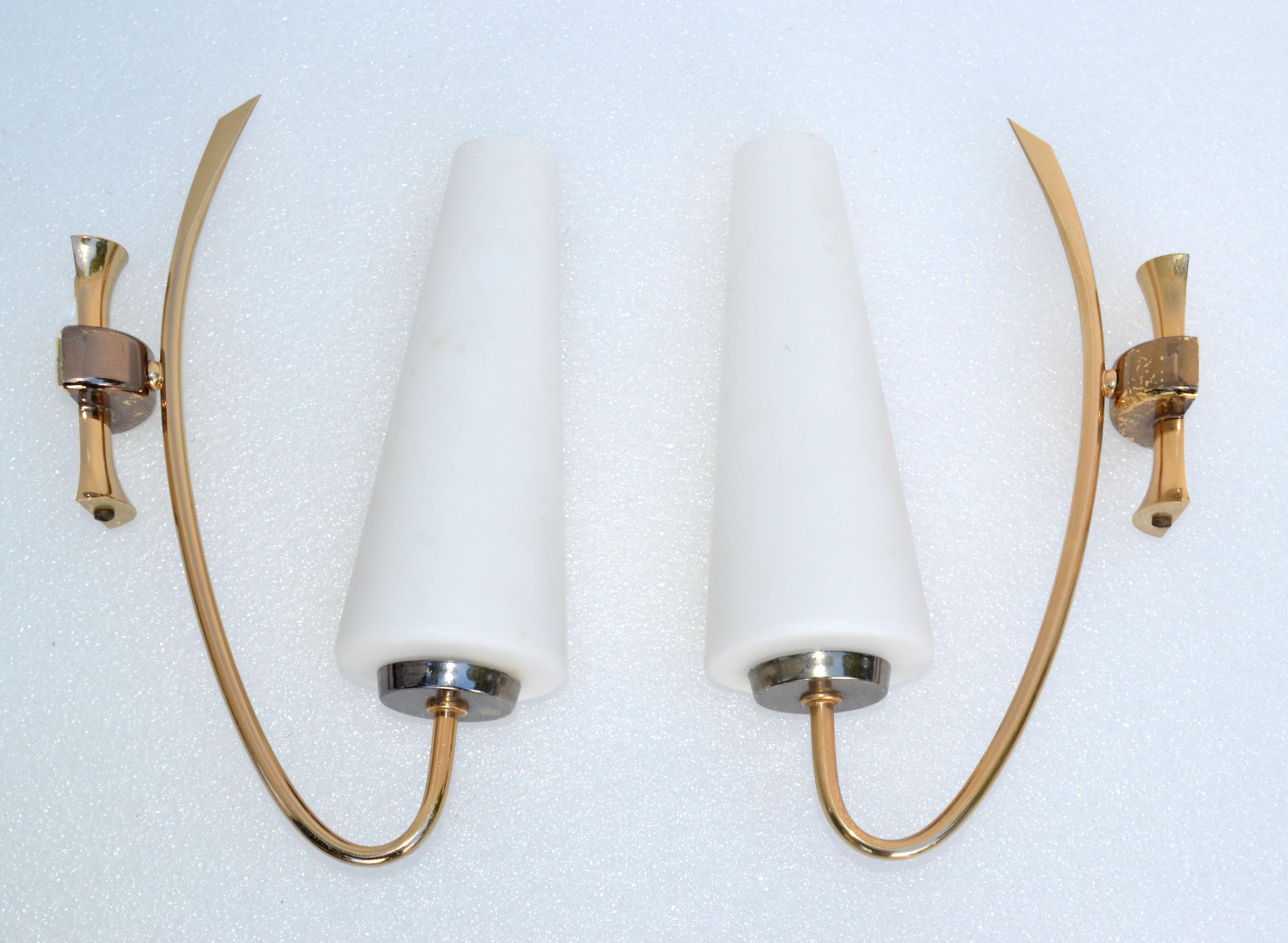 Maison Lunel Sconce 2 Tone Brass & Opaline Shade France Mid-Century Modern, Pair In Good Condition For Sale In Miami, FL