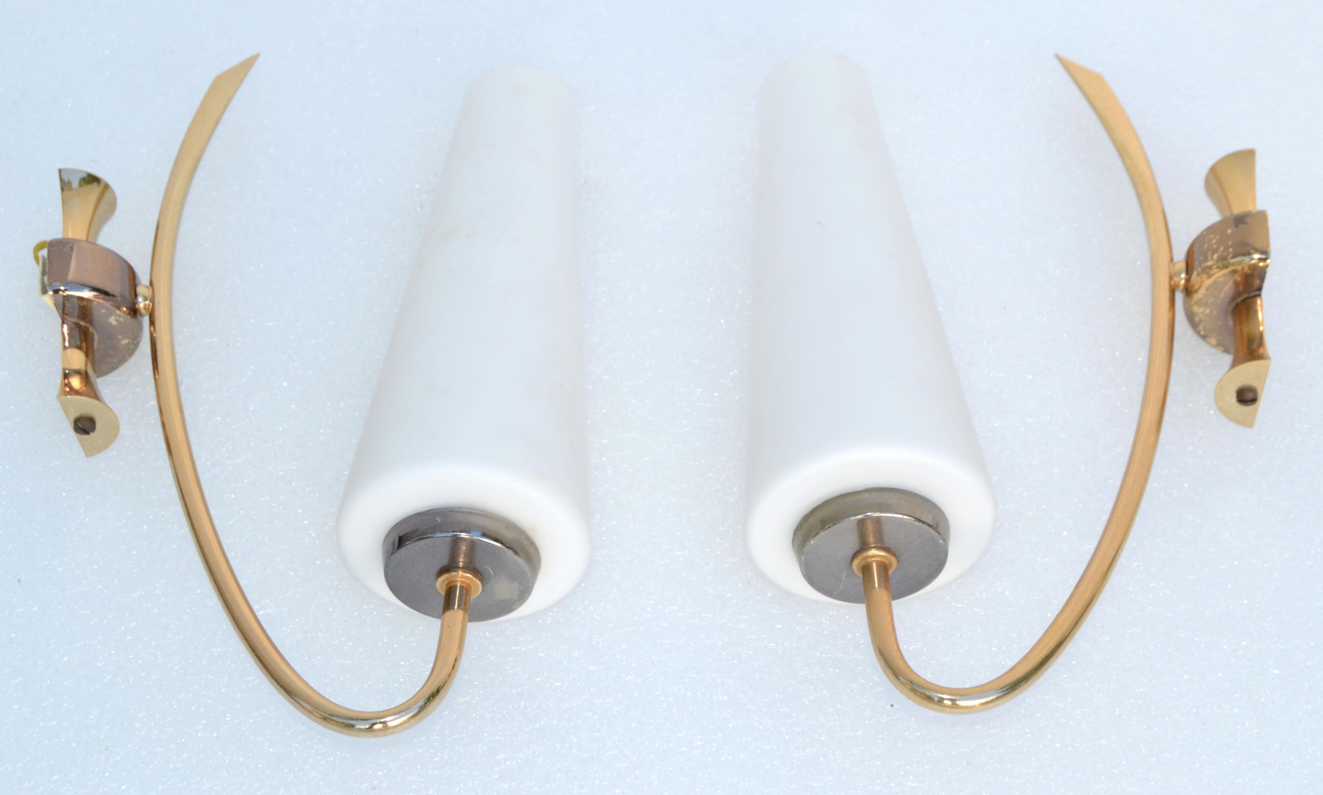 Mid-20th Century Maison Lunel Sconce 2 Tone Brass & Opaline Shade France Mid-Century Modern, Pair For Sale