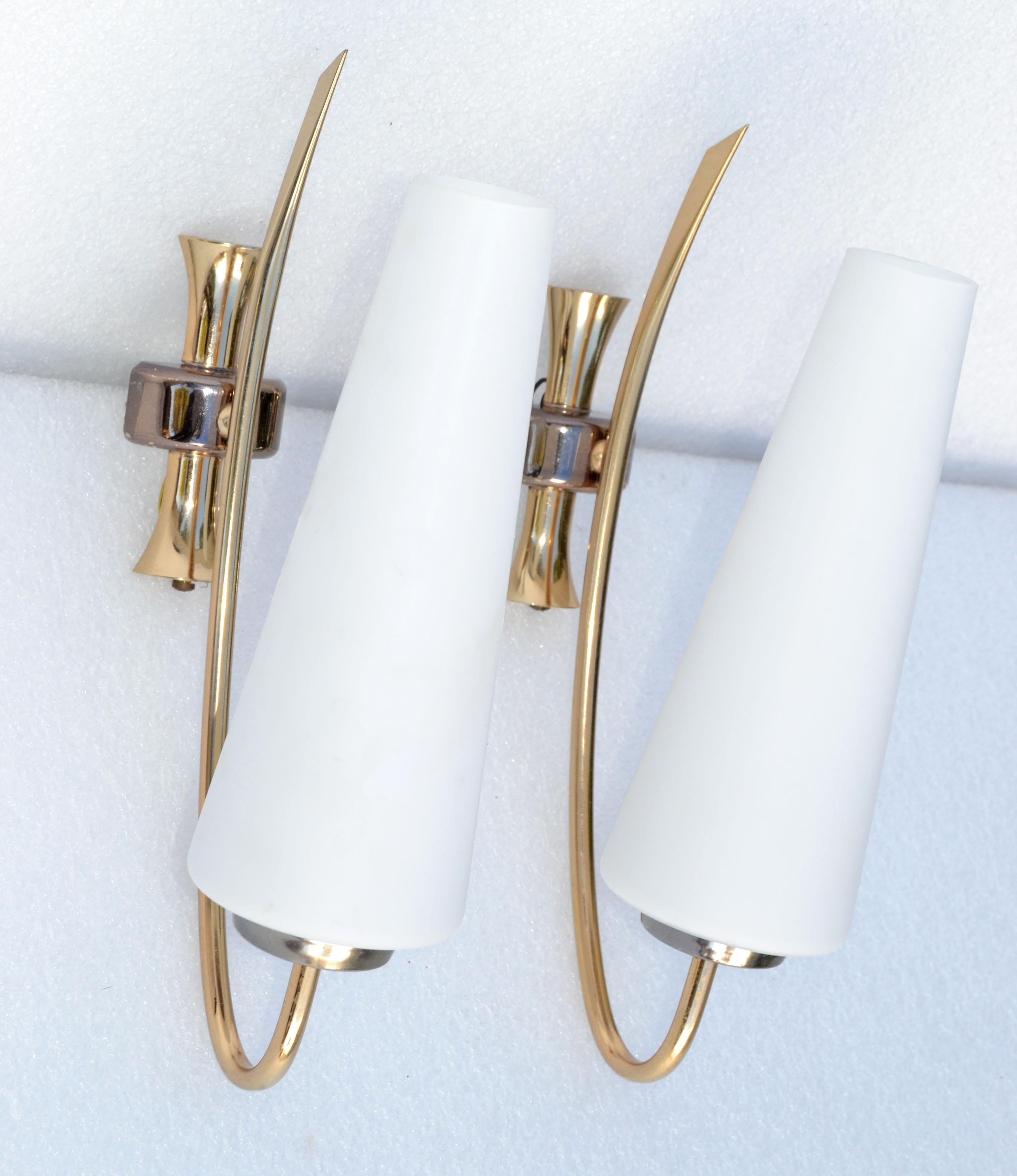 Maison Lunel Sconce 2 Tone Brass & Opaline Shade France Mid-Century Modern, Pair For Sale 1