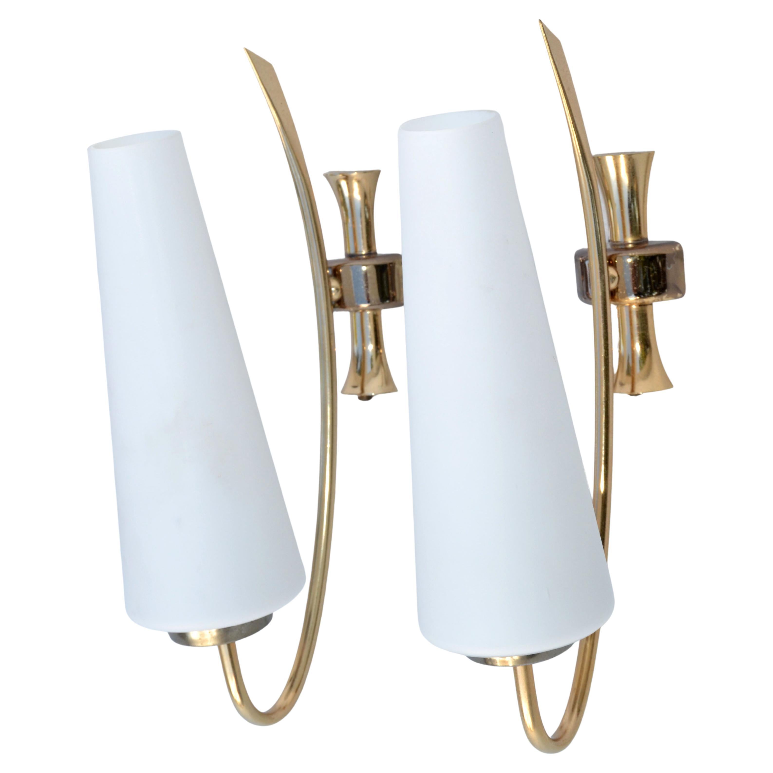 Maison Lunel Sconce 2 Tone Brass & Opaline Shade France Mid-Century Modern, Pair